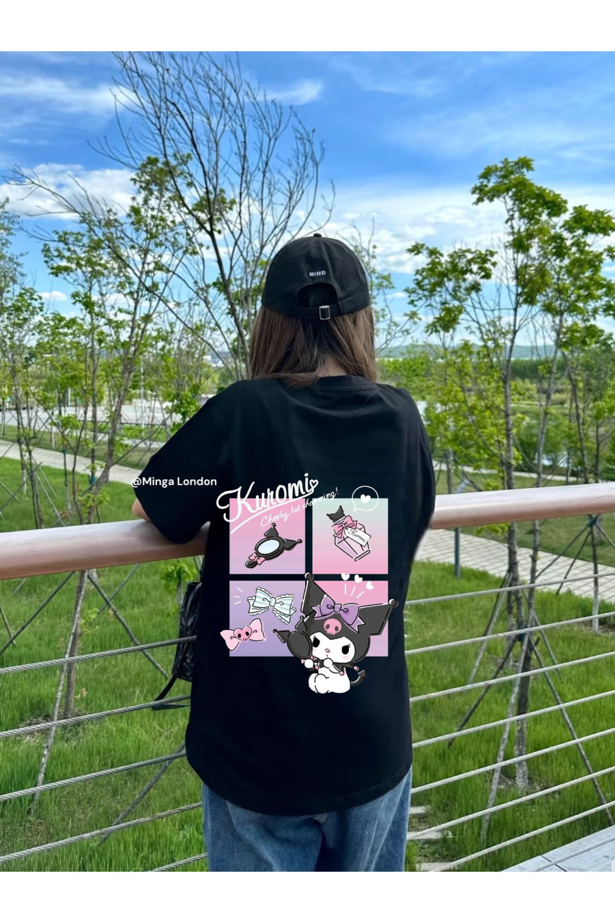 Minga London Siyah Kuromi Beauty Sırt Baskılı Oversize Unisex T-shirt -mingalondon