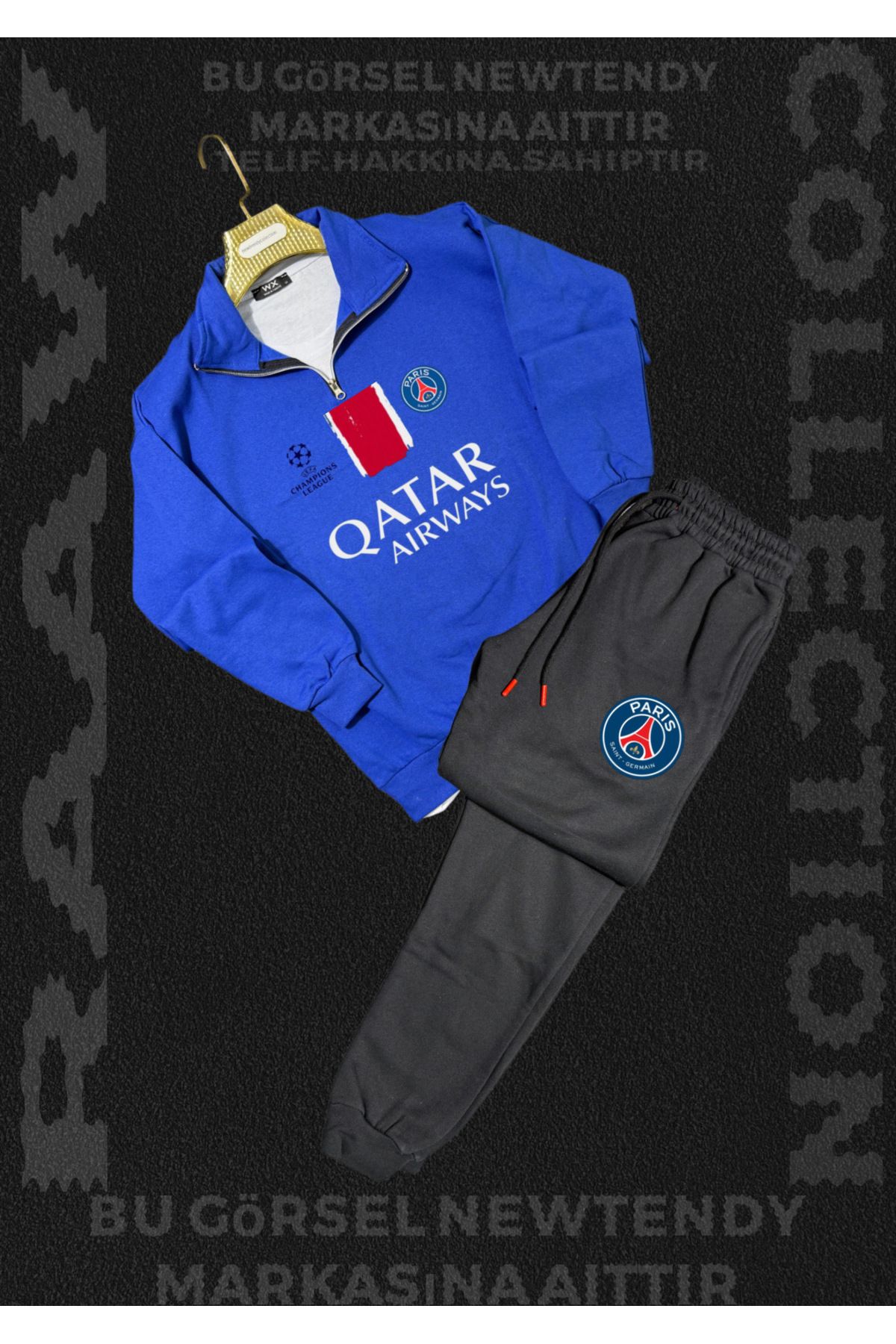 Minikelya Paris Sweatshirt yazlık takım dik yaka Üst penye şort alt Şampiyonlar Ligi Logolu 2li kombin