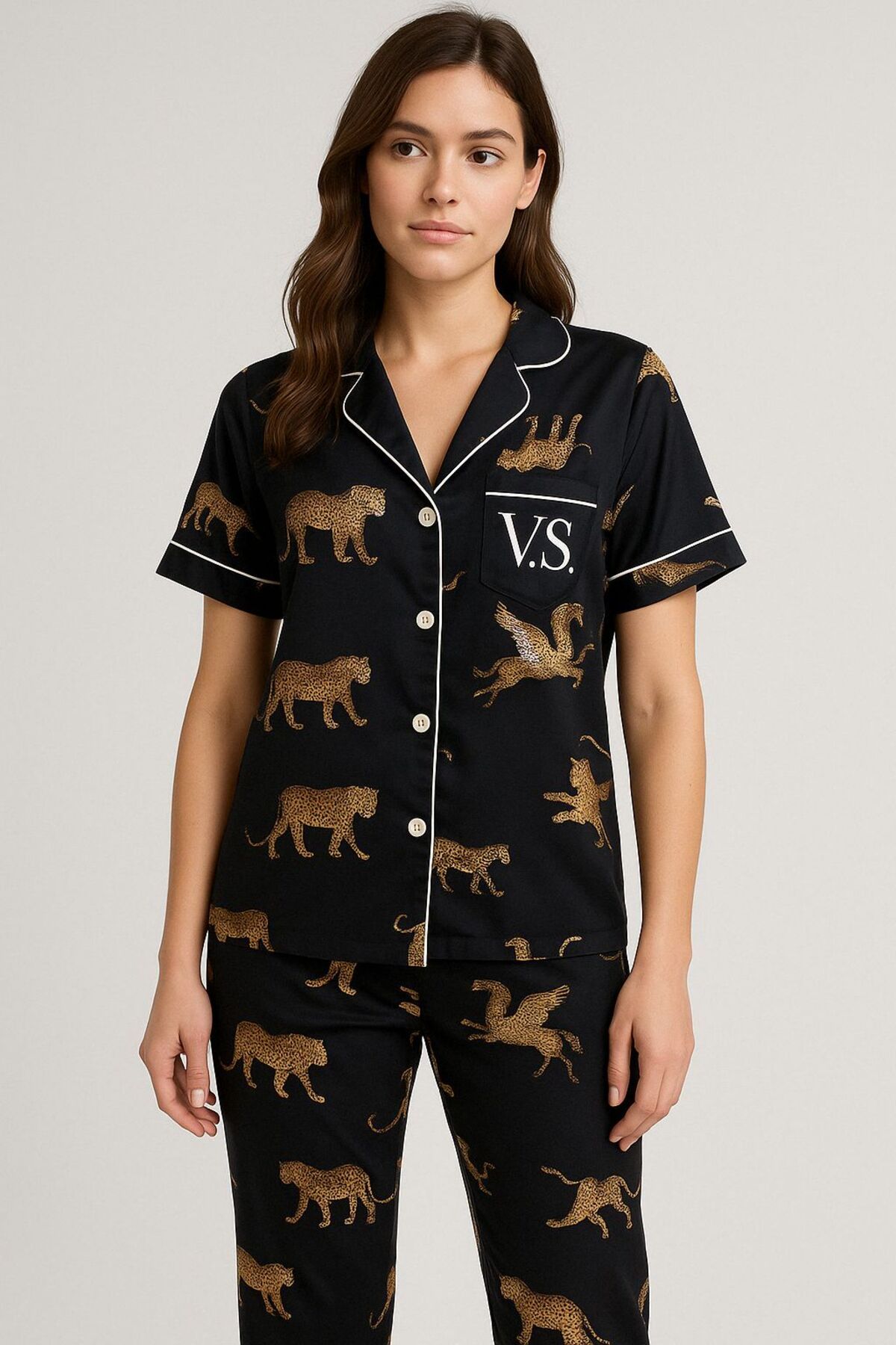 FENZO Kadın Siyah Aslan Baskılı Pamuklu Viskon Pijama Takımı Kısa Kollu Üst Uzun Pijama Alt Rahat Homewear
