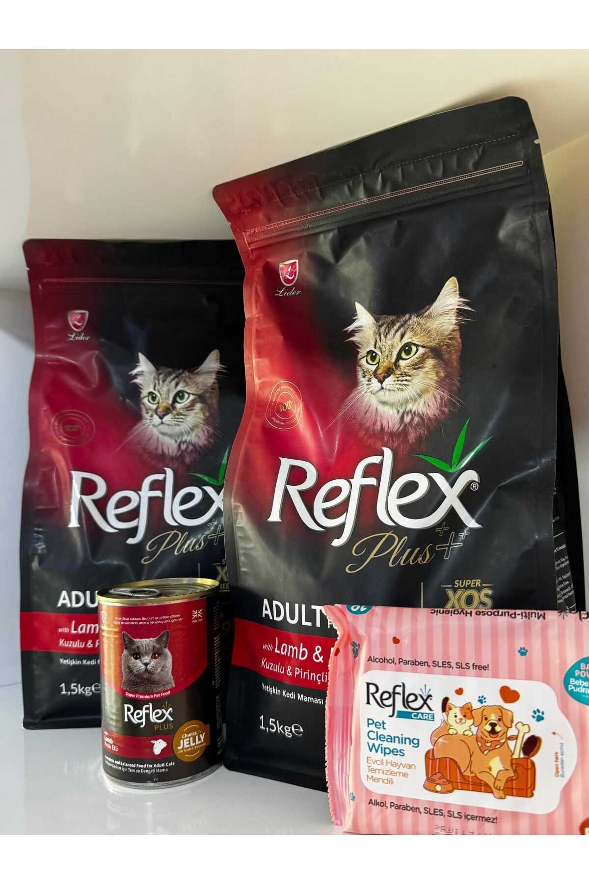 Reflex PLUS 2 Lİ KUZULU PİRİNÇLİ YETİŞKİN KEDİ MAMASI KONSERVE MAMA VE TEMİZLEME MENDİLİ SETİ
