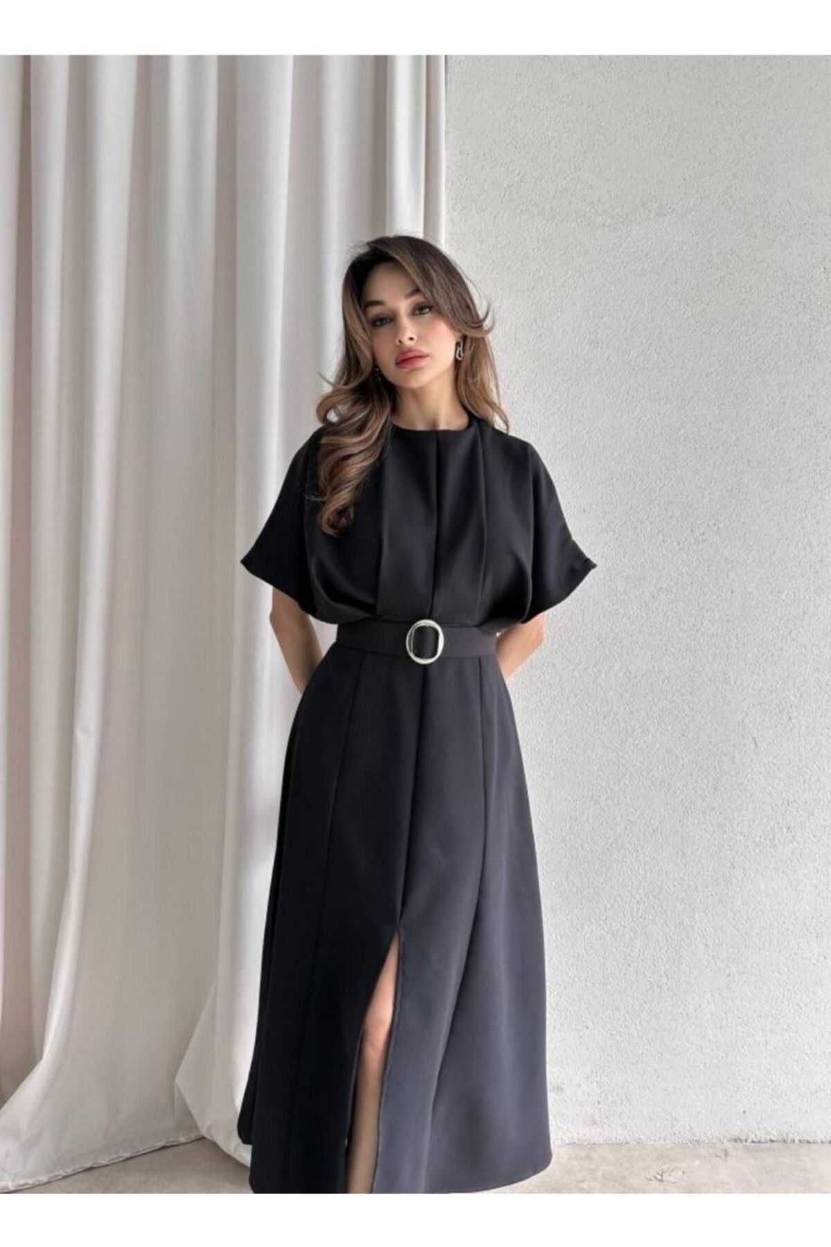 mafdress Kadın Siyah Kısa Kol Kemer Detay Abiye Mezuniyet Elbisesi