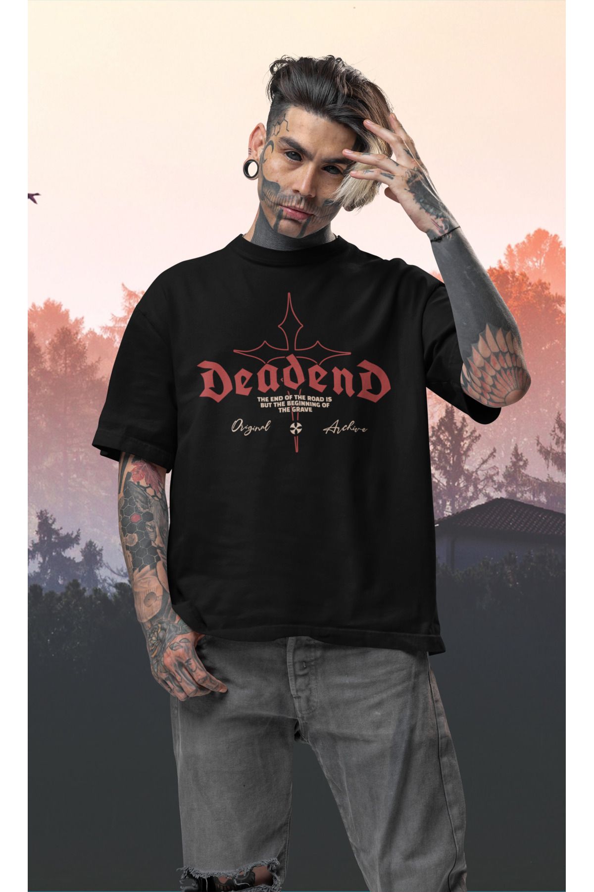 2XB Grunge Collection - Dead End Baskılı Unisex Oversize T-Shirt