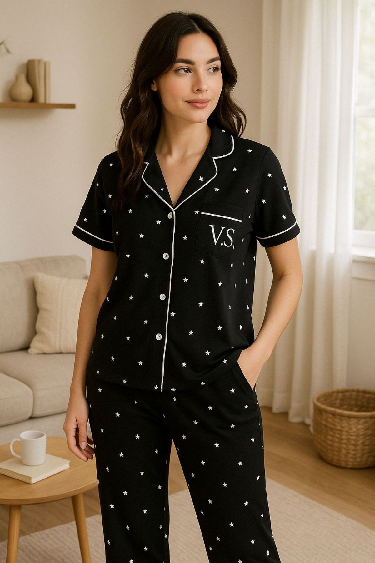 FENZO Kadın Siyah Yıldız Baskılı Pamuklu Viskon Pijama Takımı Kısa Kol Üst Uzun Pijama Alt Rahat Homewear