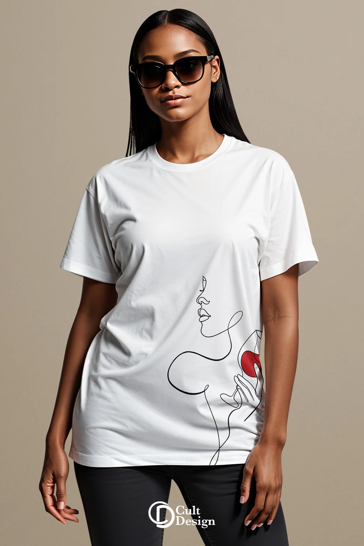 CULTDESİGN ŞARAP DETAYLI KADIN Premium Baskılı Basic, Organik Pamuklu, Bisiklet Yaka T-Shirt