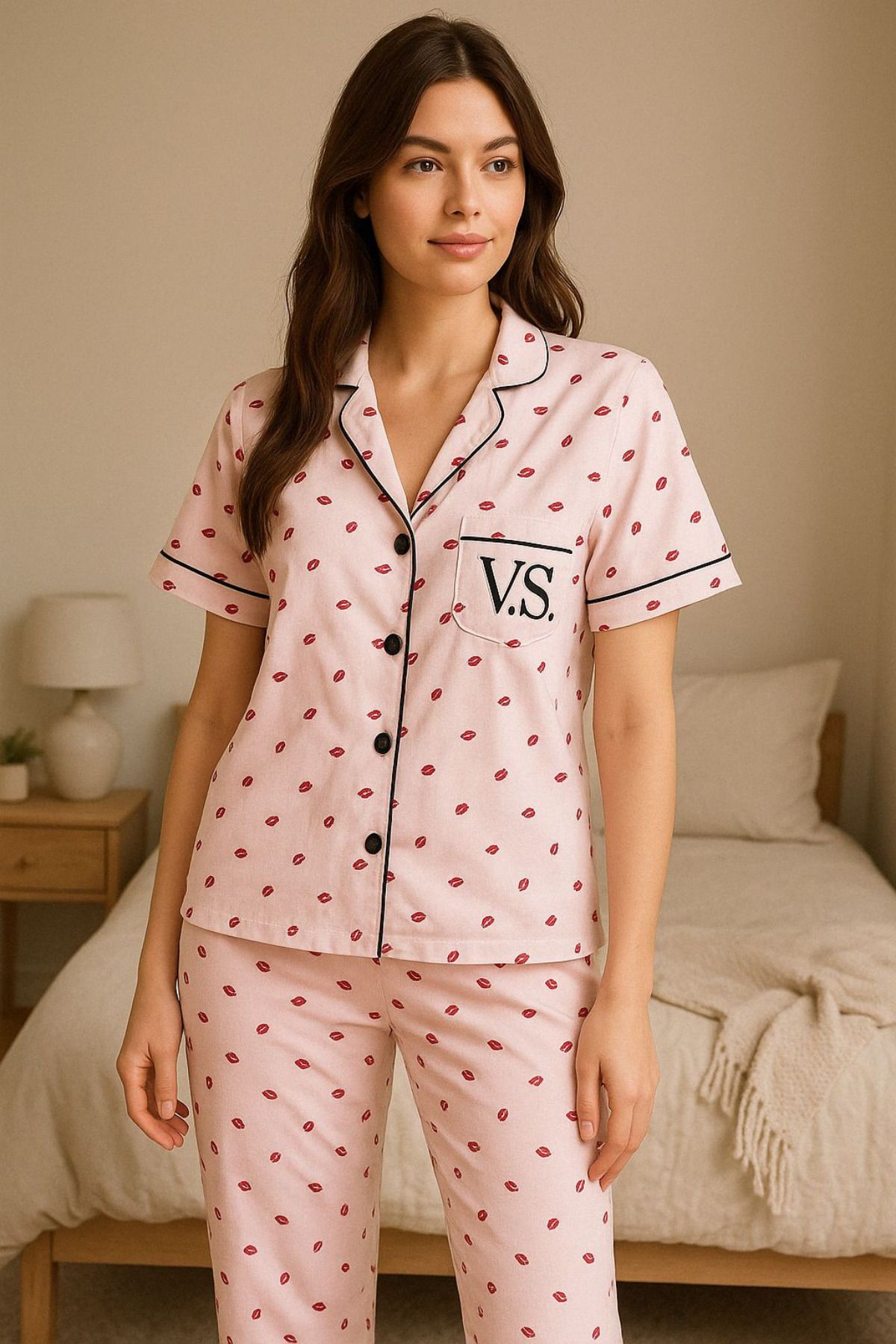 FENZO Kadın Pembe Dudak Desenli Pamuklu Viskon Pijama Takımı Kısa Kollu Üst Uzun Pijama Alt Rahat Homewear
