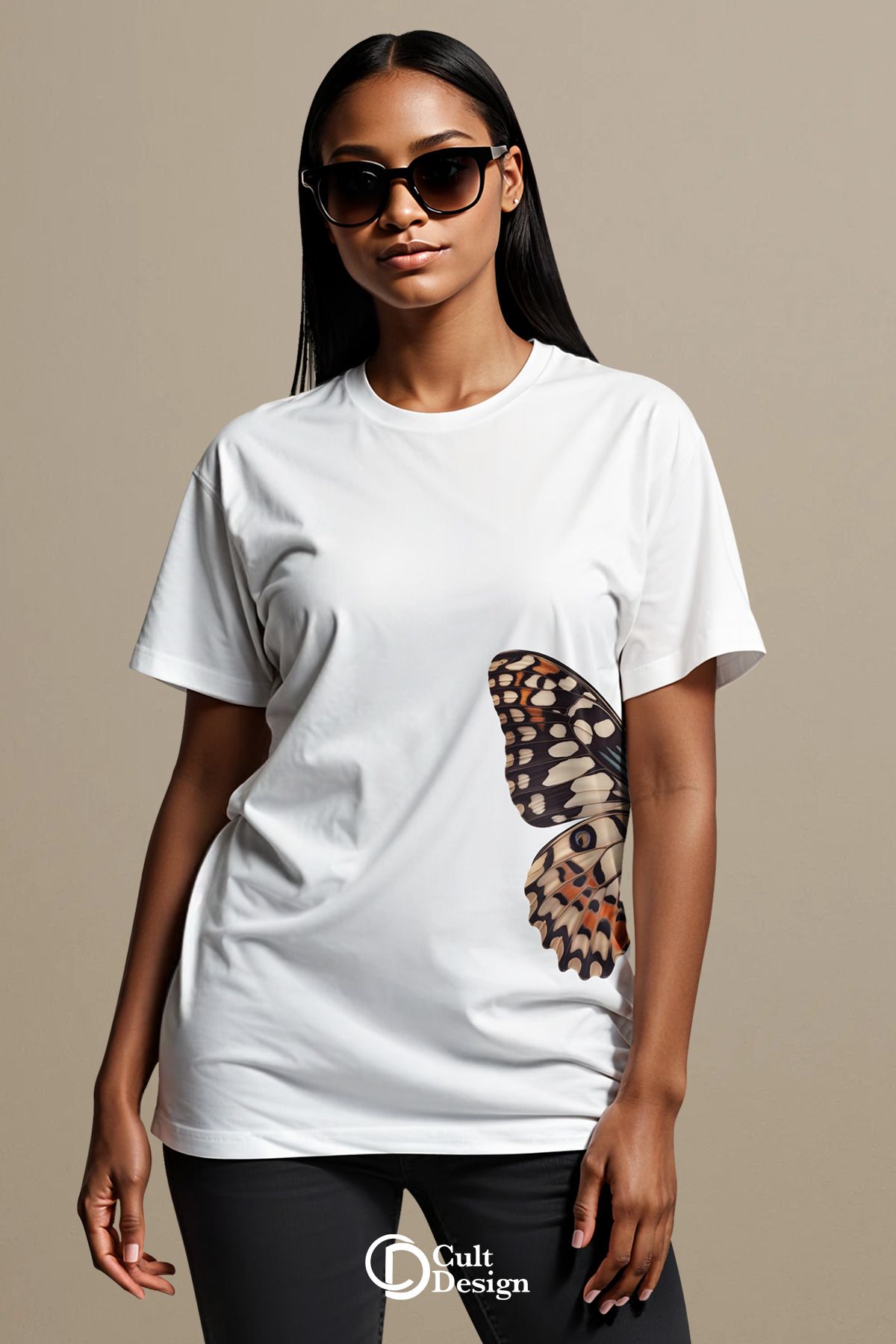 CULTDESİGN KELEBEK DETAYLI Özel Premium Baskılı Basic, Organik Pamuklu, Bisiklet Yaka T-Shirt