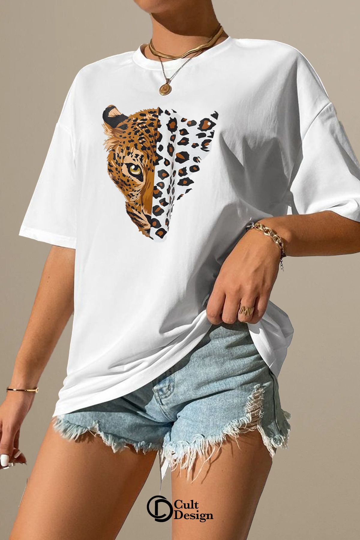 CULTDESİGN TİGER KADIN Özel Premium Baskılı Basic, Organik Pamuklu, Bisiklet Yaka T-Shirt