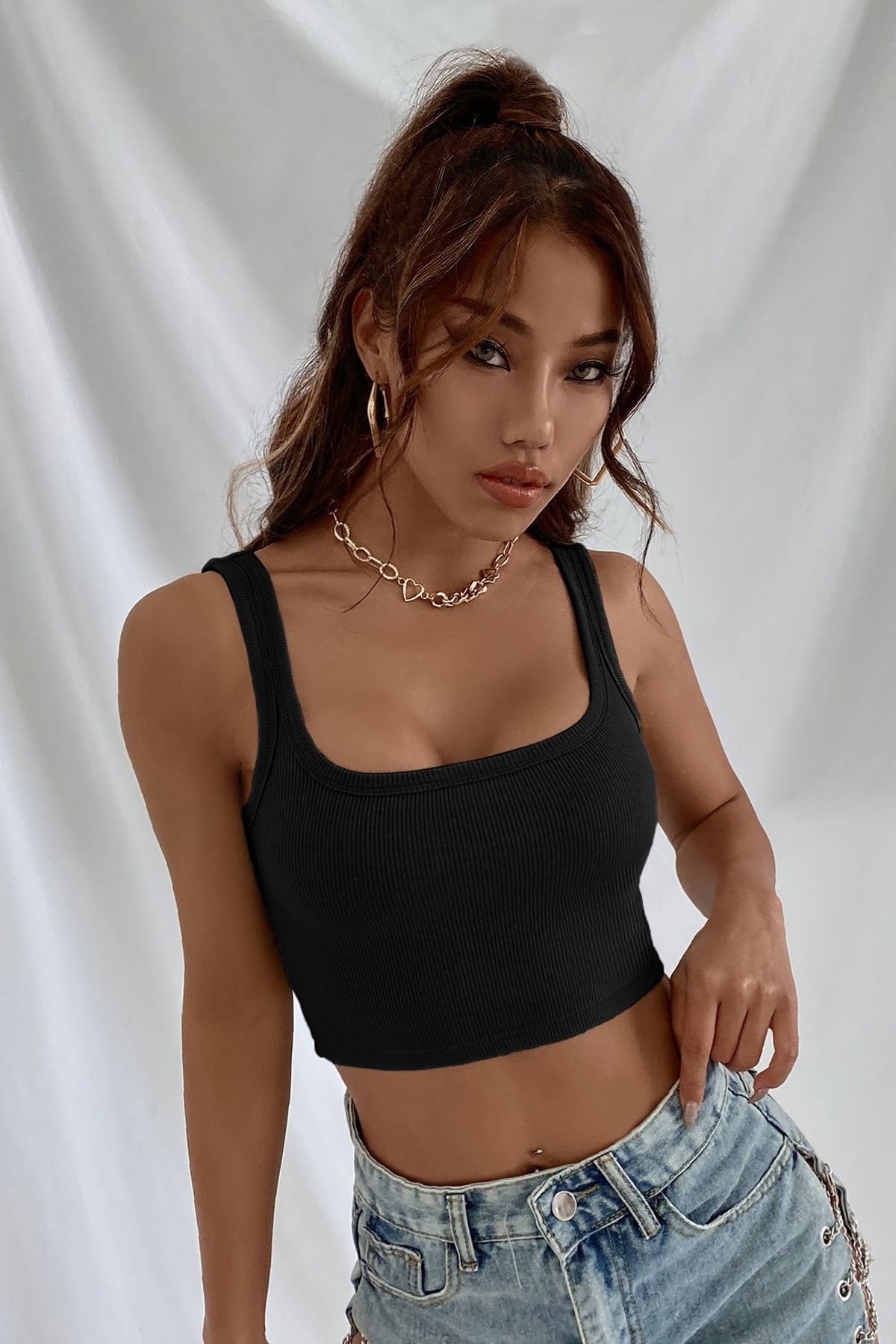 mtm My The Mall Kadın Siyah Kalın Askılı Crop Top Büstiyer