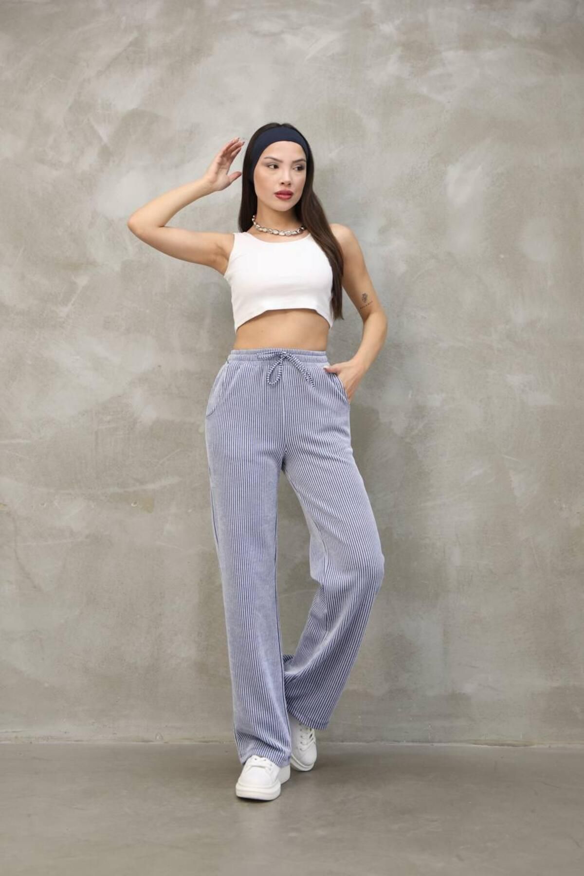 Moda Banuş Su Yolu Desen Çizgili Baharlık Rahat-Tam Kalıp Pantolon