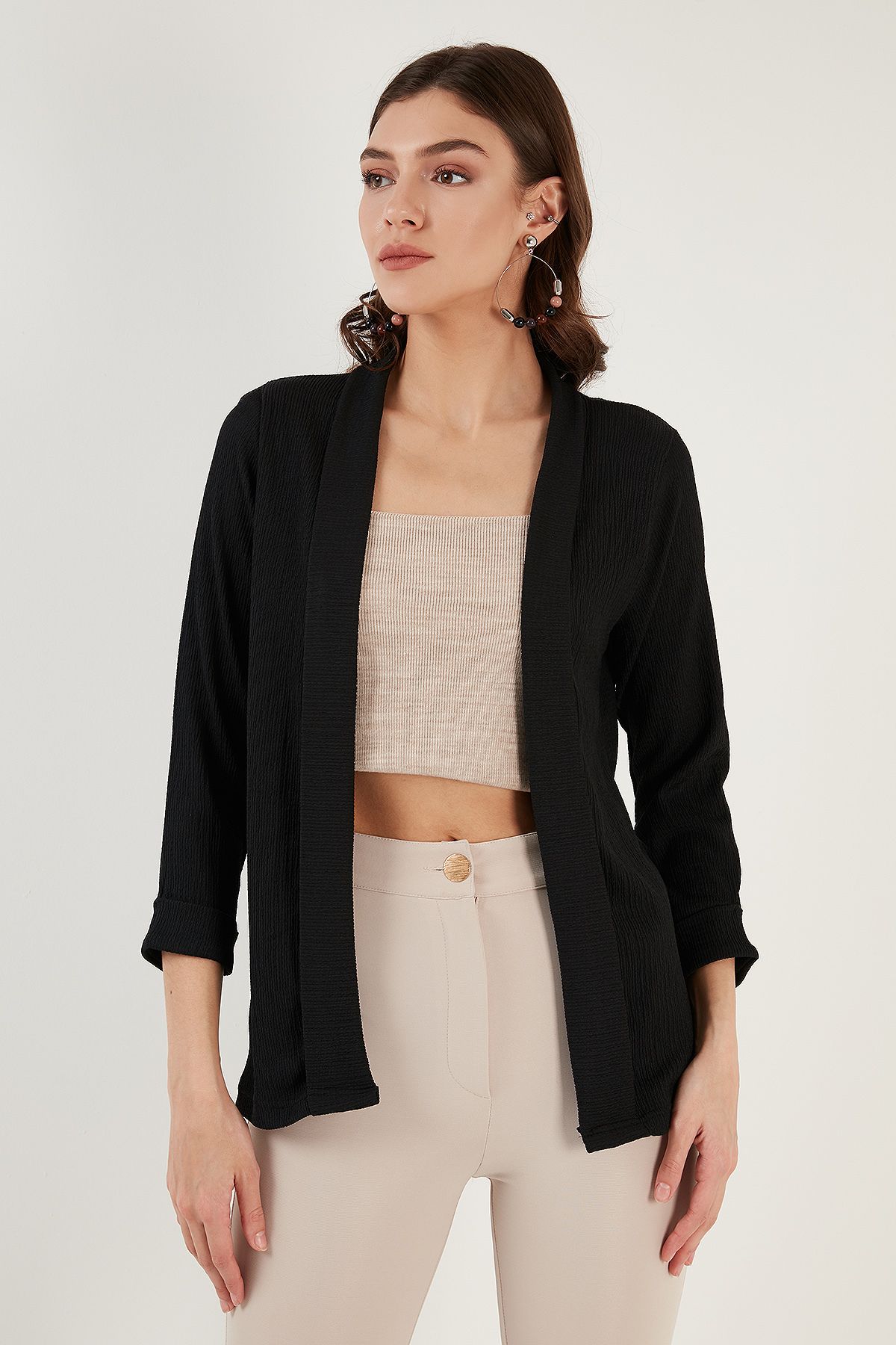 Lela-Seersucker Kimono Cardigan with Folded Collar and Sleeves Cardigan 5869014 5