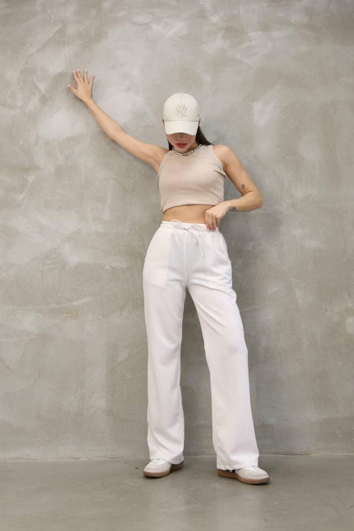 Moda Banuş Su Yolu Desen Çizgili Baharlık Rahat-Tam Kalıp Pantolon