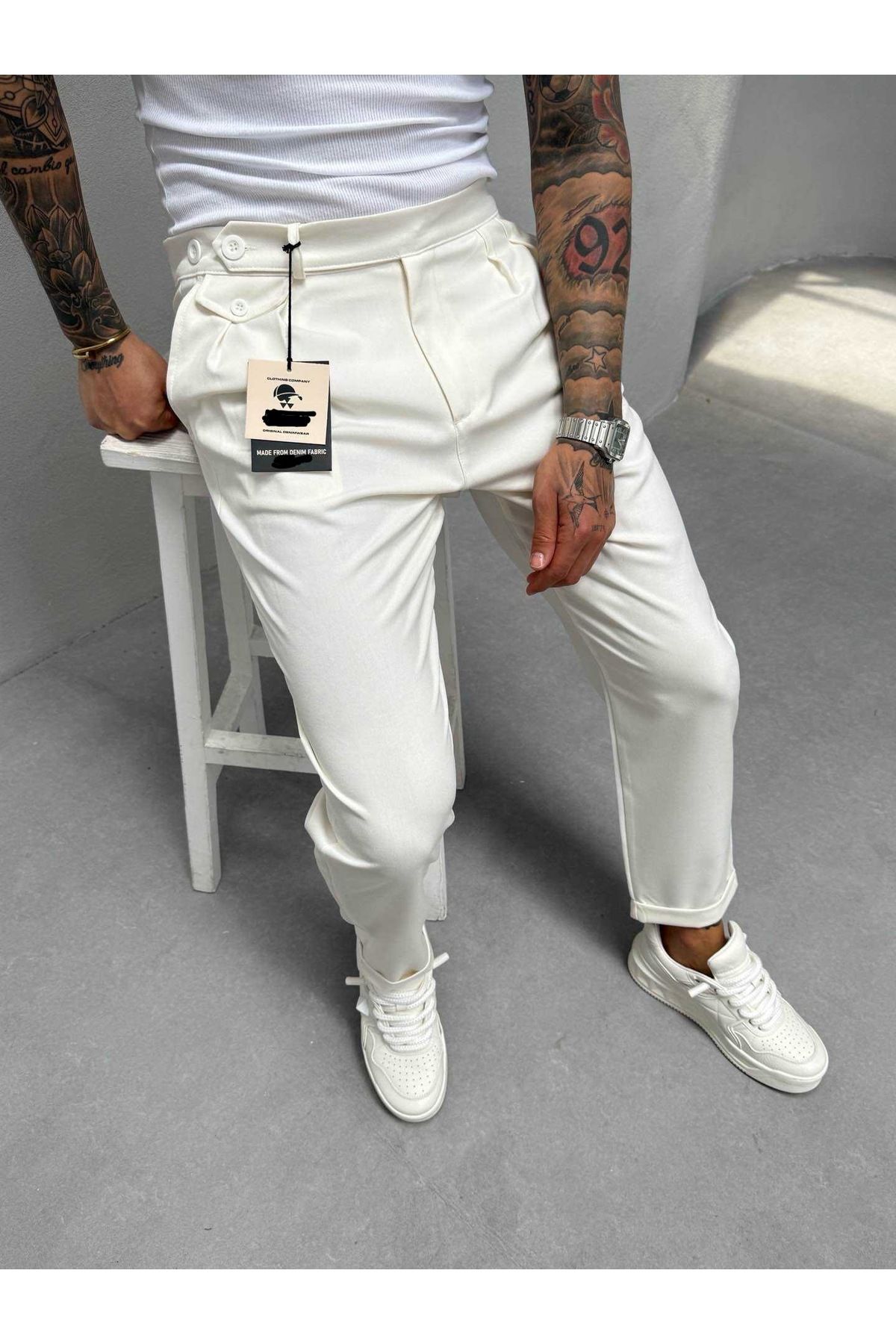 Denim Shorty Boyfriend Beyaz Renk Pileli Kumaş Pantolon