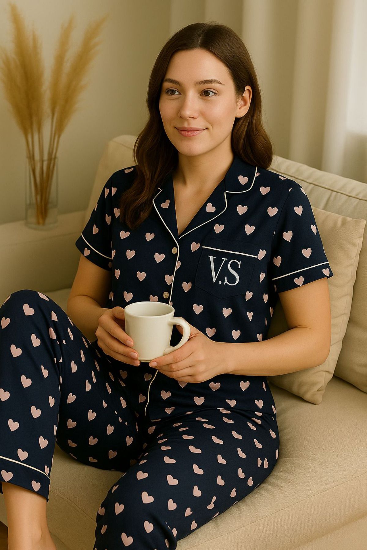 FENZO Kadın Lacivert Kalpli Pamuklu Viskon Pijama Takımı Kısa Kollu Üst Uzun Pijama Alt Rahat Homewear