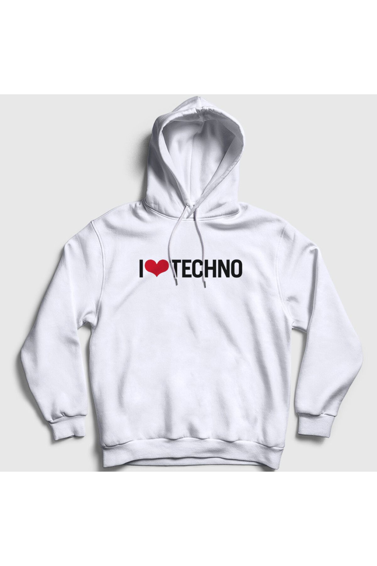 Presmono Unisex Beyaz I Love Techno Kapüşonlu Sweatshirt 543399tt