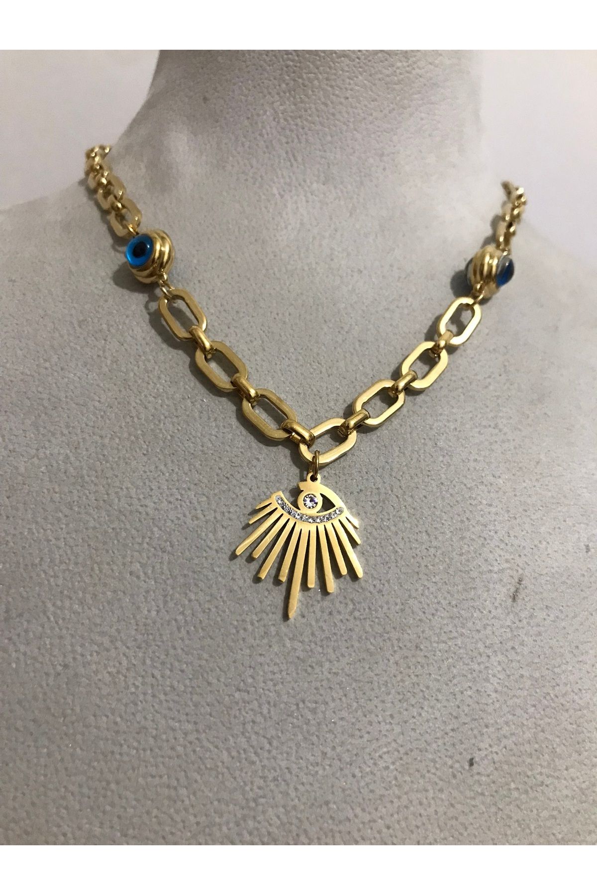 shop 316 L PASLANMAZ ÇELİK GOLD KAPLAMA KALIN ATAÇ MODEL NAZAR BONCUKLU TAŞLI MODA KOLYE