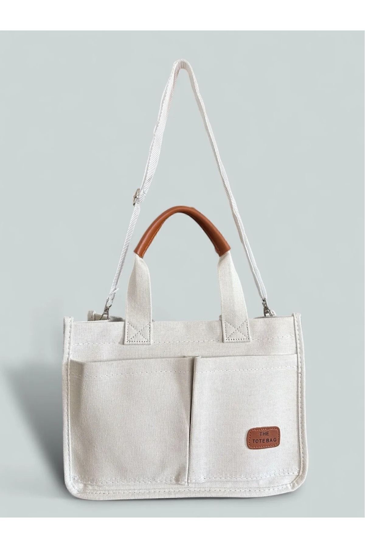 özlora Kadın Kanvas Kumaş İki Adet Ön Cepli Tote Bag El Ve Omuz Çantası