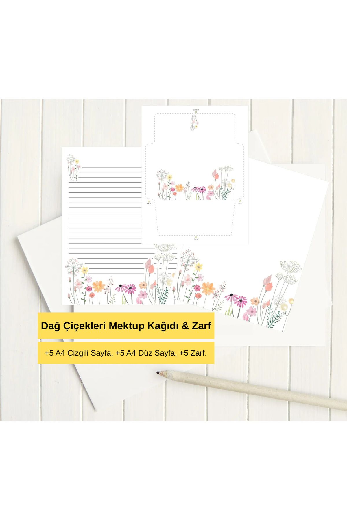 Organik Yolda Dağ Çiçekleri Mektup Not Kağıdı, +5 Düz kağıt +5 Çizgili Kağıt +5 Zarf (A4 Boyut)