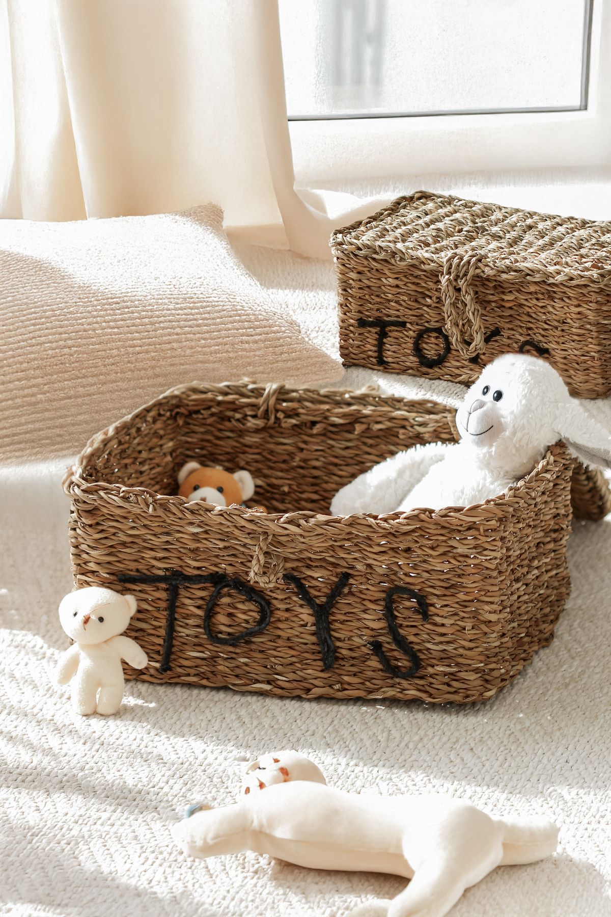 DECHAUS 2 Lİ EL ÖRMESİ HASIR TOYS YAZILI DİKDÖRTGEN DÜZENLEYİCİ SEPET BAMBU HASIR
