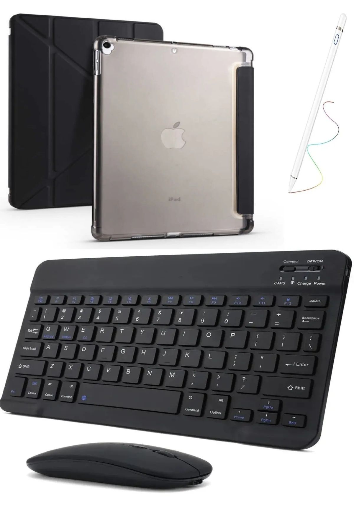 Covpor Apple iPad 7. 8. ve 9. NESİL Uyumlu 10.2 İNÇ Uyumlu Trifolding Kılıf+Klavye Mouse+Kalem SİYAH