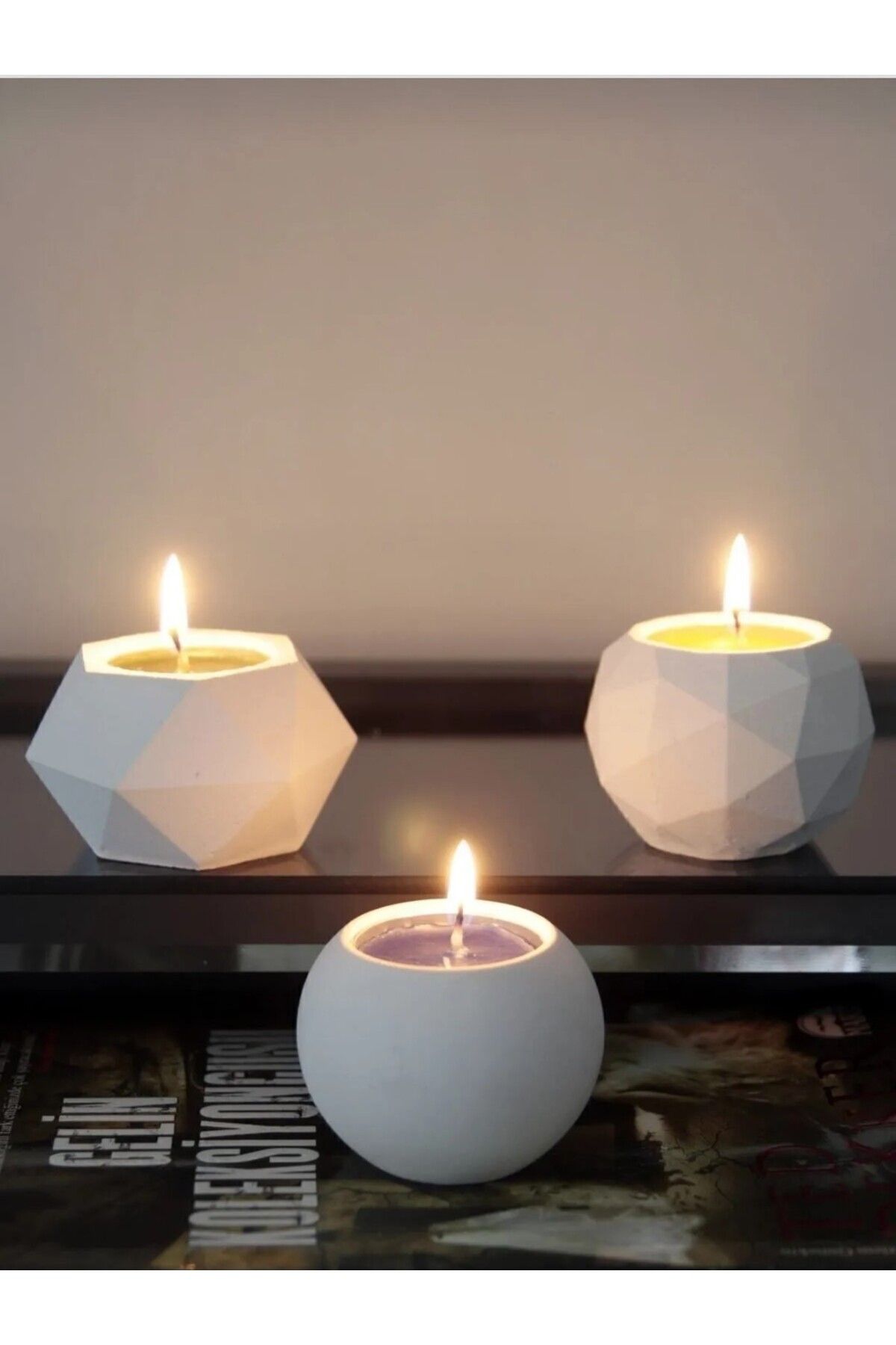 idl dekorasyon Beton 3'lü Mumluk Set