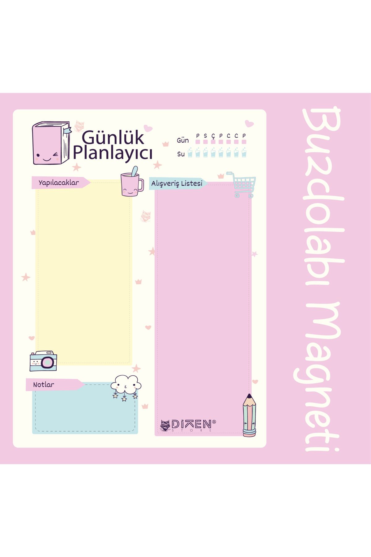 DİKEN STORE Günlük Planlayıcı Buzdolabı Magneti Yapılacaklar Listesi, Alışveriş ve Not Alanlı, Su Takipli