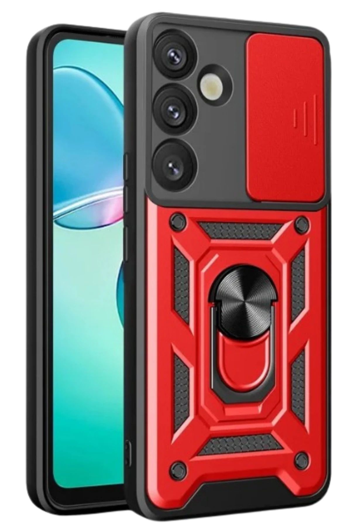 NewFace Samsung Galaxy S25 Kılıf Pars Lens Yüzüklü Silikon - Kırmızı MRAYD