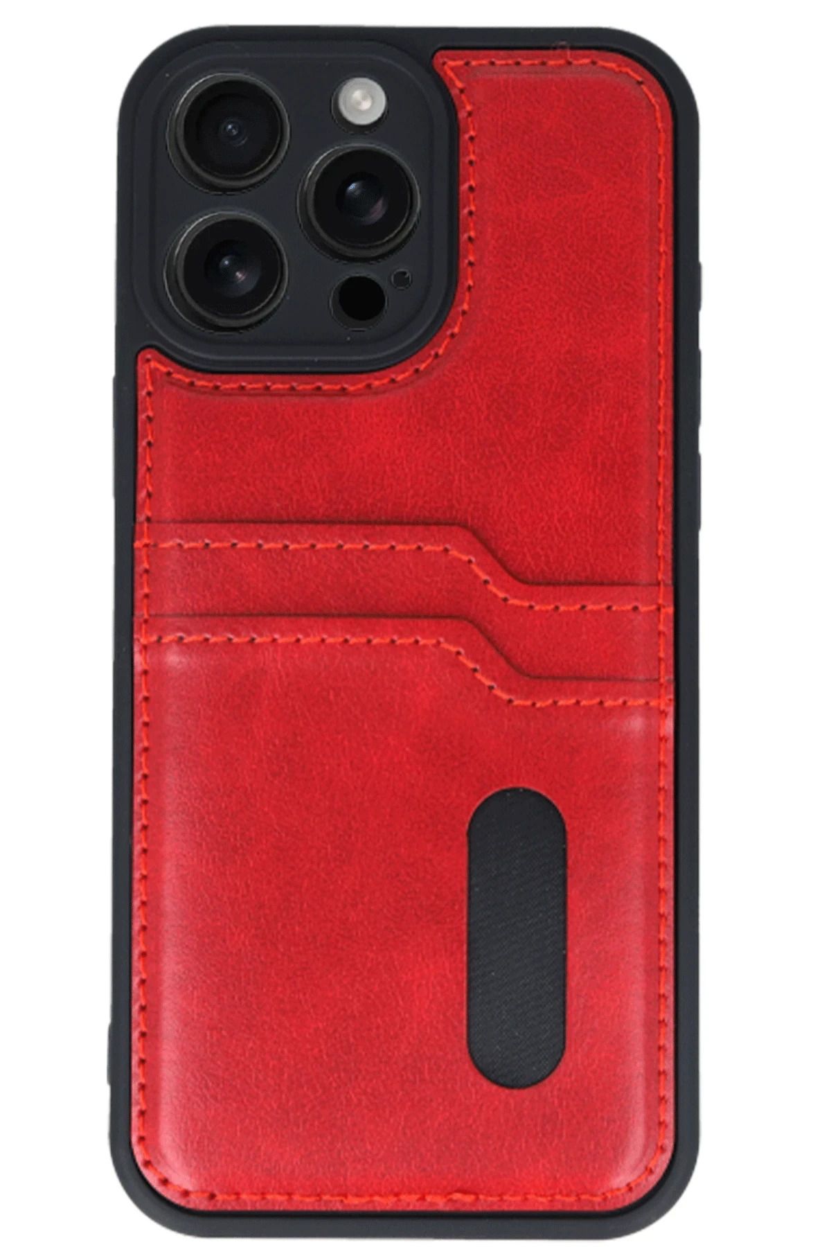 cepmoda iPhonE 16 PRO MAX | SARA Kartlıklı Telefon Kılıfı Lüx Deri Kaplama Arka Kapak | KIRMIZI