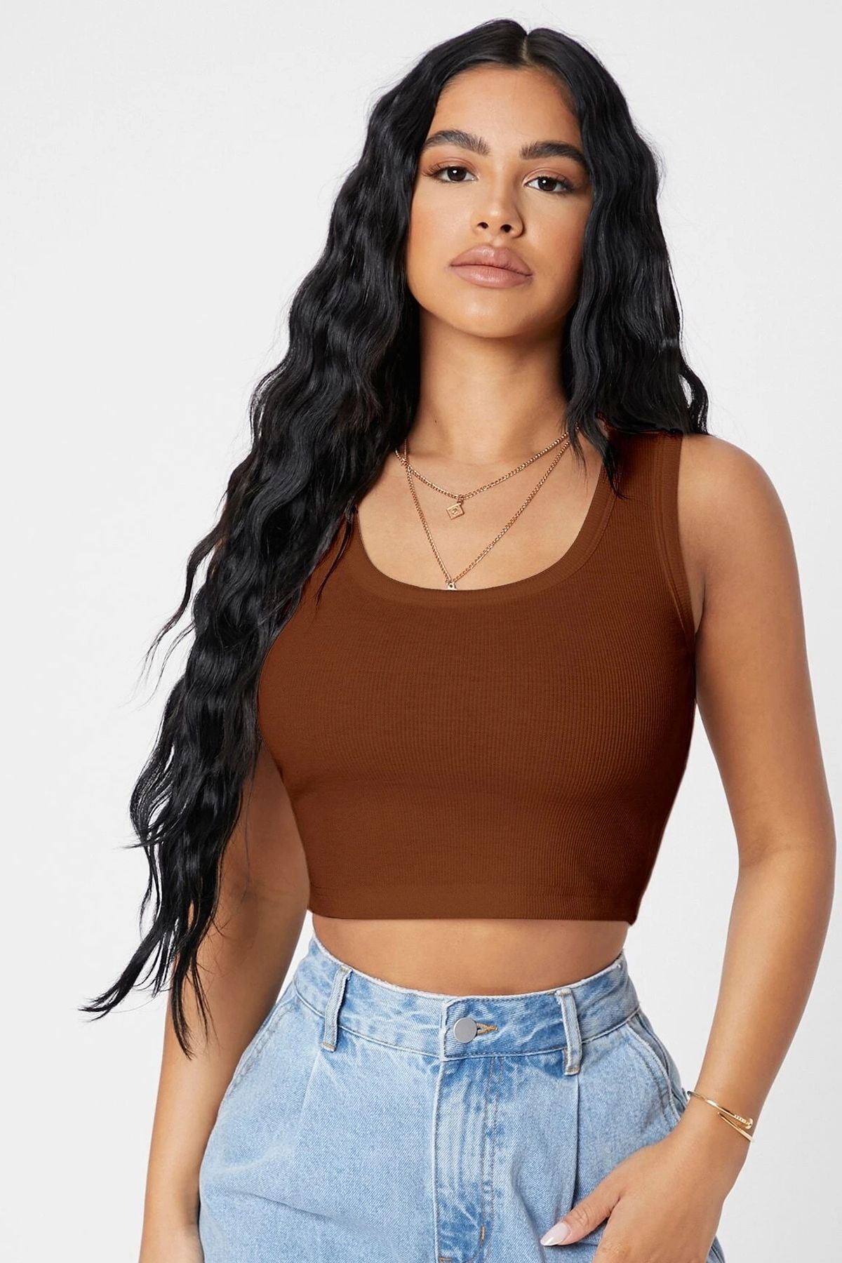 Dilara Boutique Kadın Kahverengi Kare Yaka Crop Top Bluz