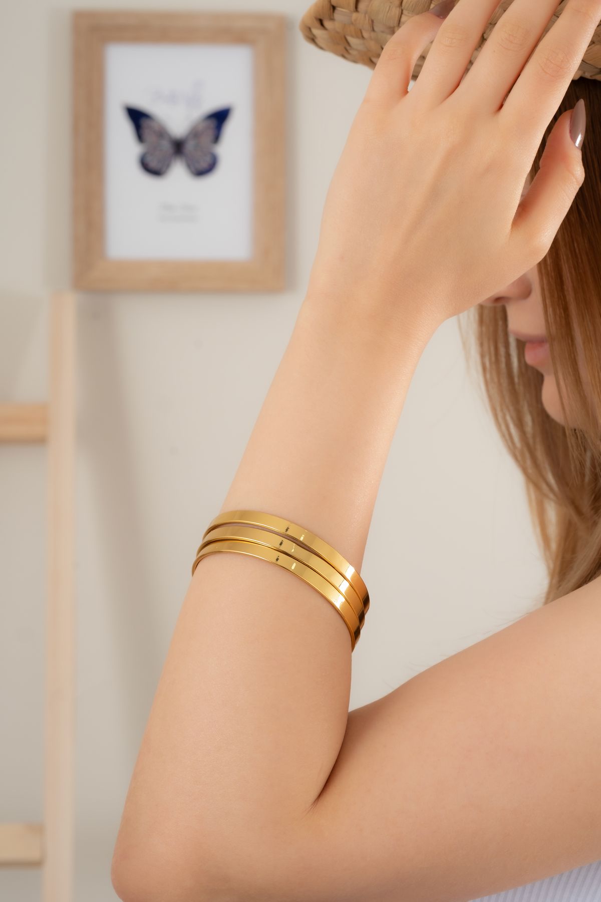 Finesa Jewelry Kadın Üçlü Çizgi Detaylı Parlak Altın Sarısı Bileklik Set