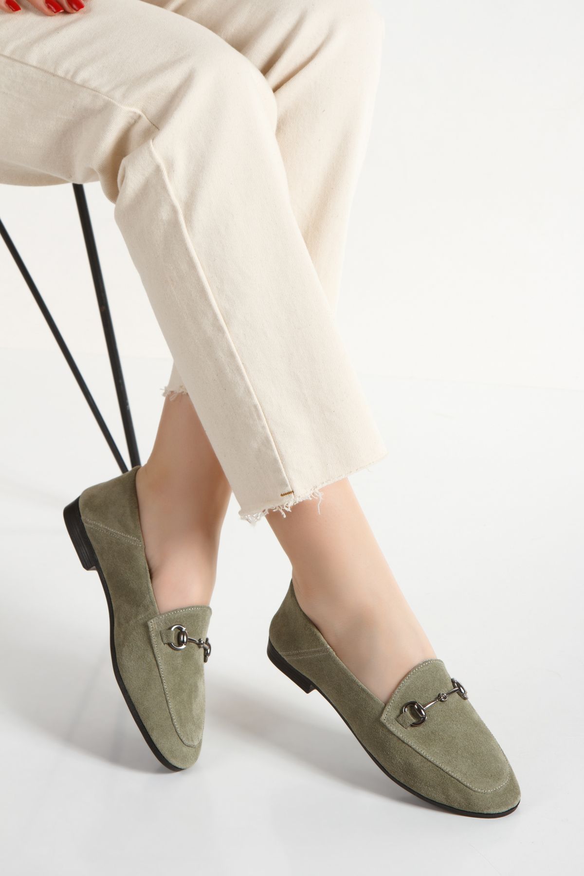 MUMELSHOES Kadın Haki Yeşil Süet Rahat Kullanımlı Günlük Loafer MR-5050