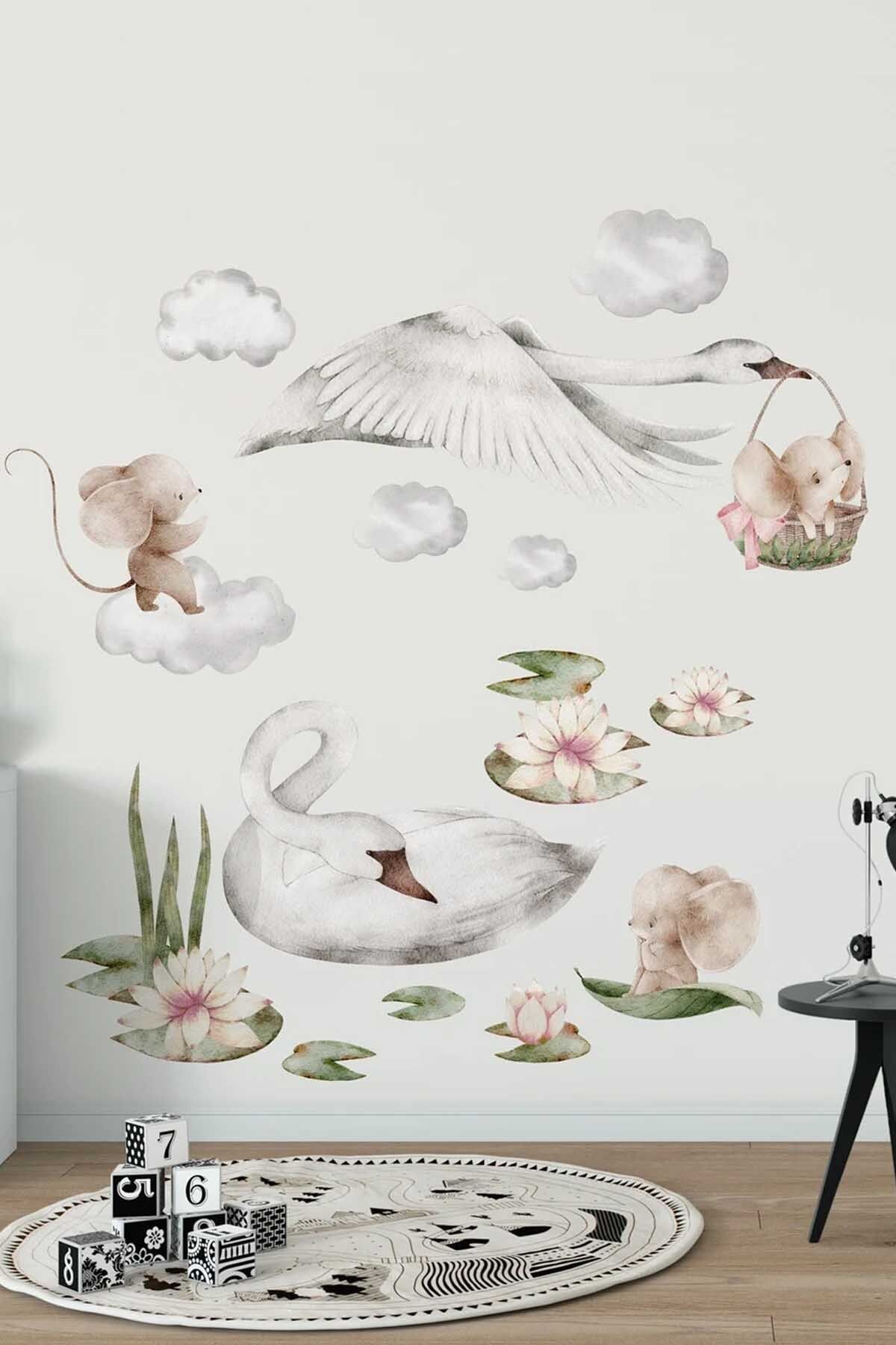 KT Decor Harikalar Diyarı Sevimli Kuğu ve Arkadaşları Çocuk Odası Duvar Sticker Seti