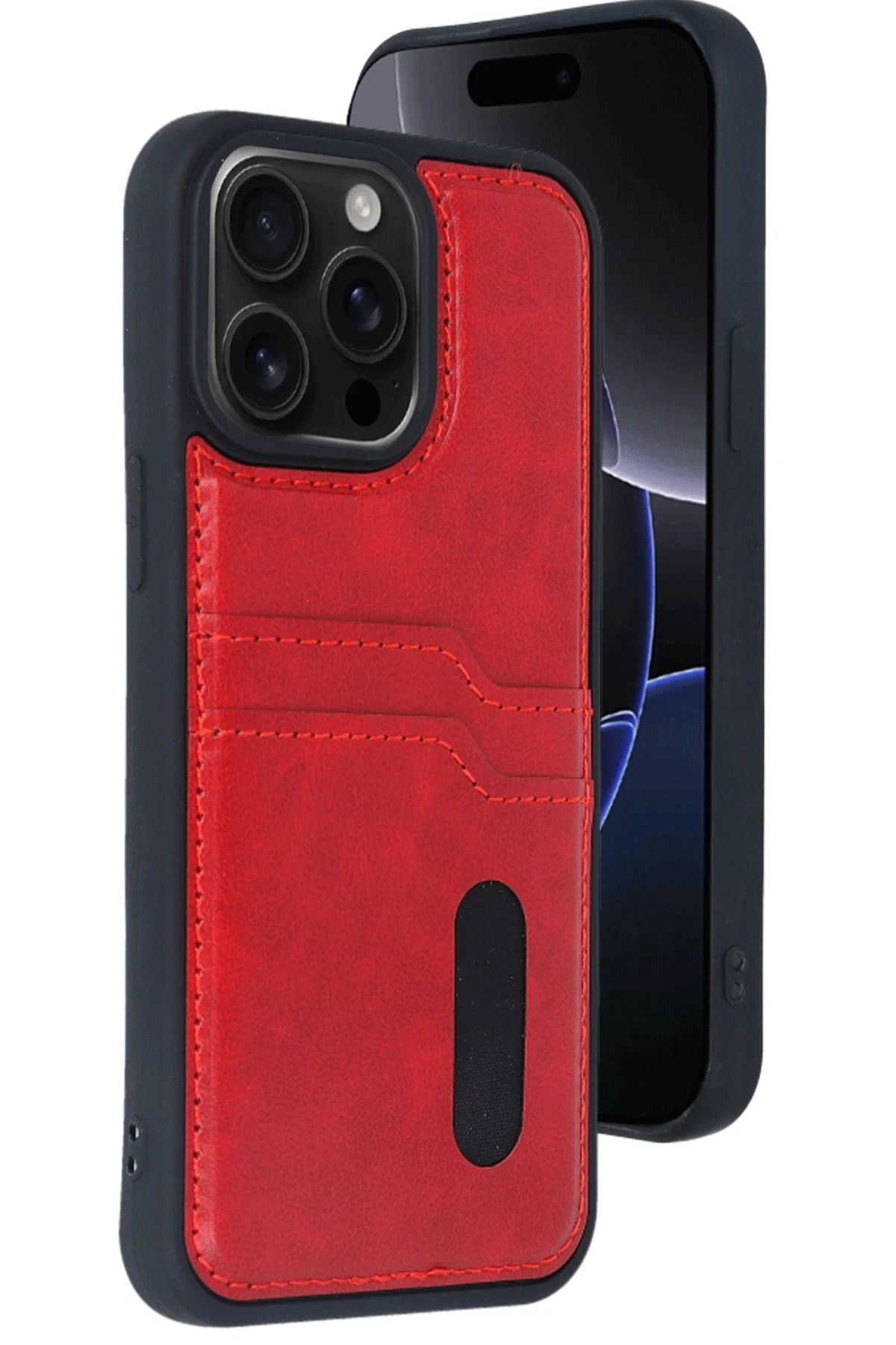 NewFace iPhone 15 Pro Max Kılıf Sara Kartvizitli Deri Kılıf - Kırmızı MRAYD