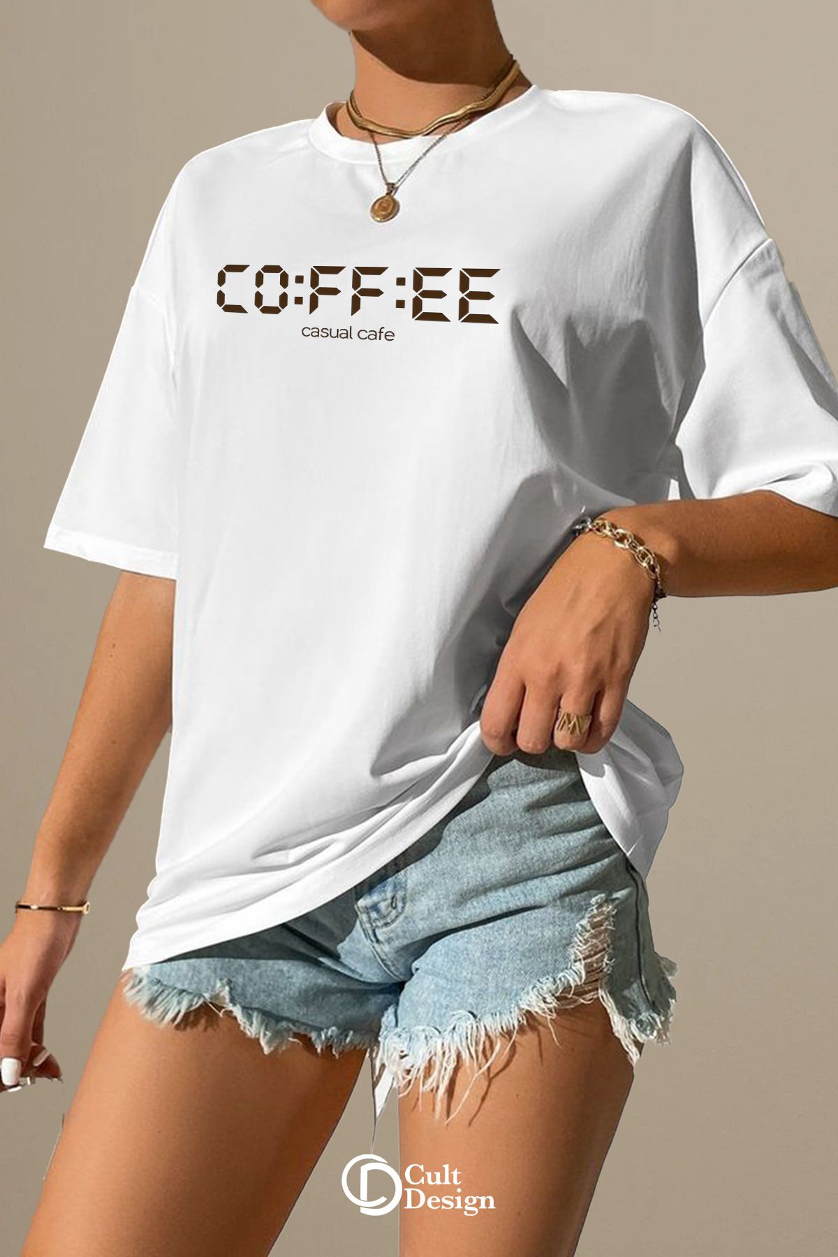 CULTDESİGN COFEE YAZI DETAYLI KADIN Premium Baskılı Basic, Organik Pamuklu, Bisiklet Yaka T-Shirt