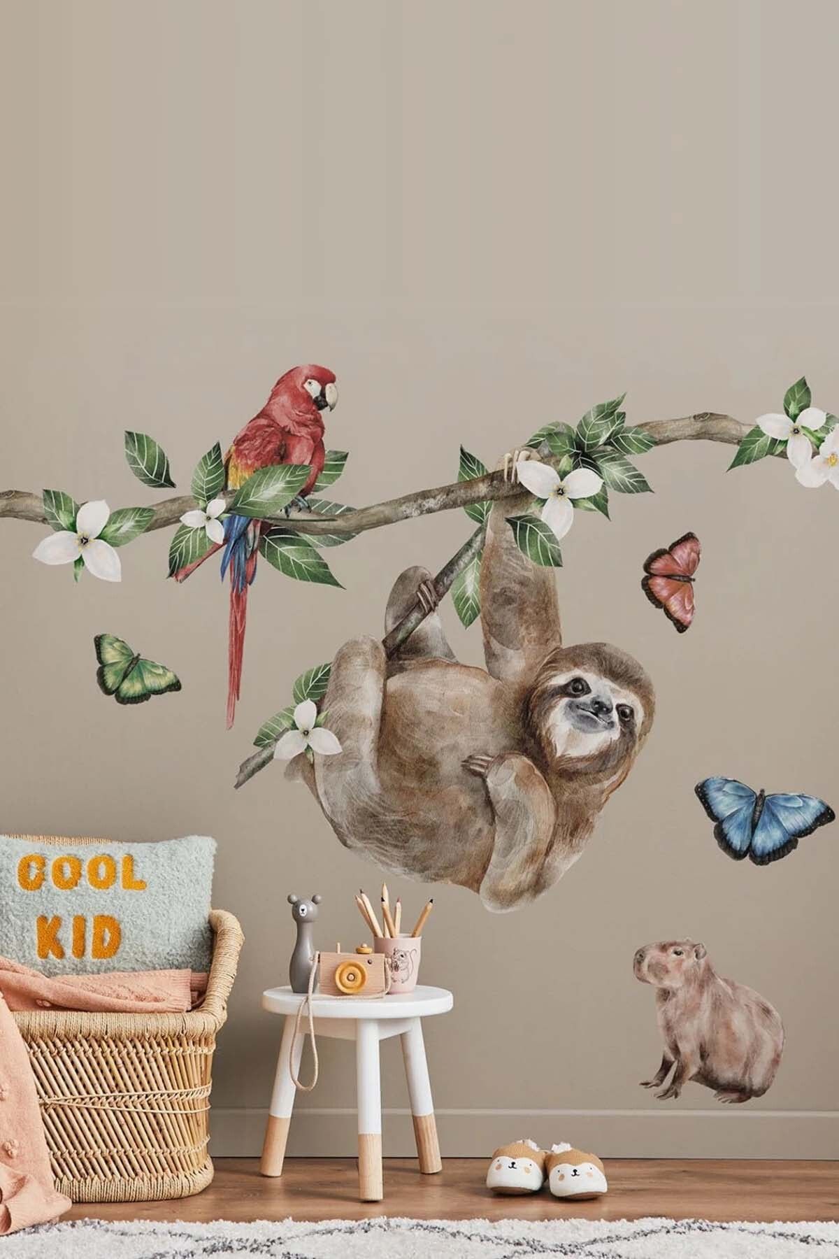 KT Decor Safari Dünyası Güney Amerika Tembel Hayvan ve Arkadaşları Duvar Sticker Seti