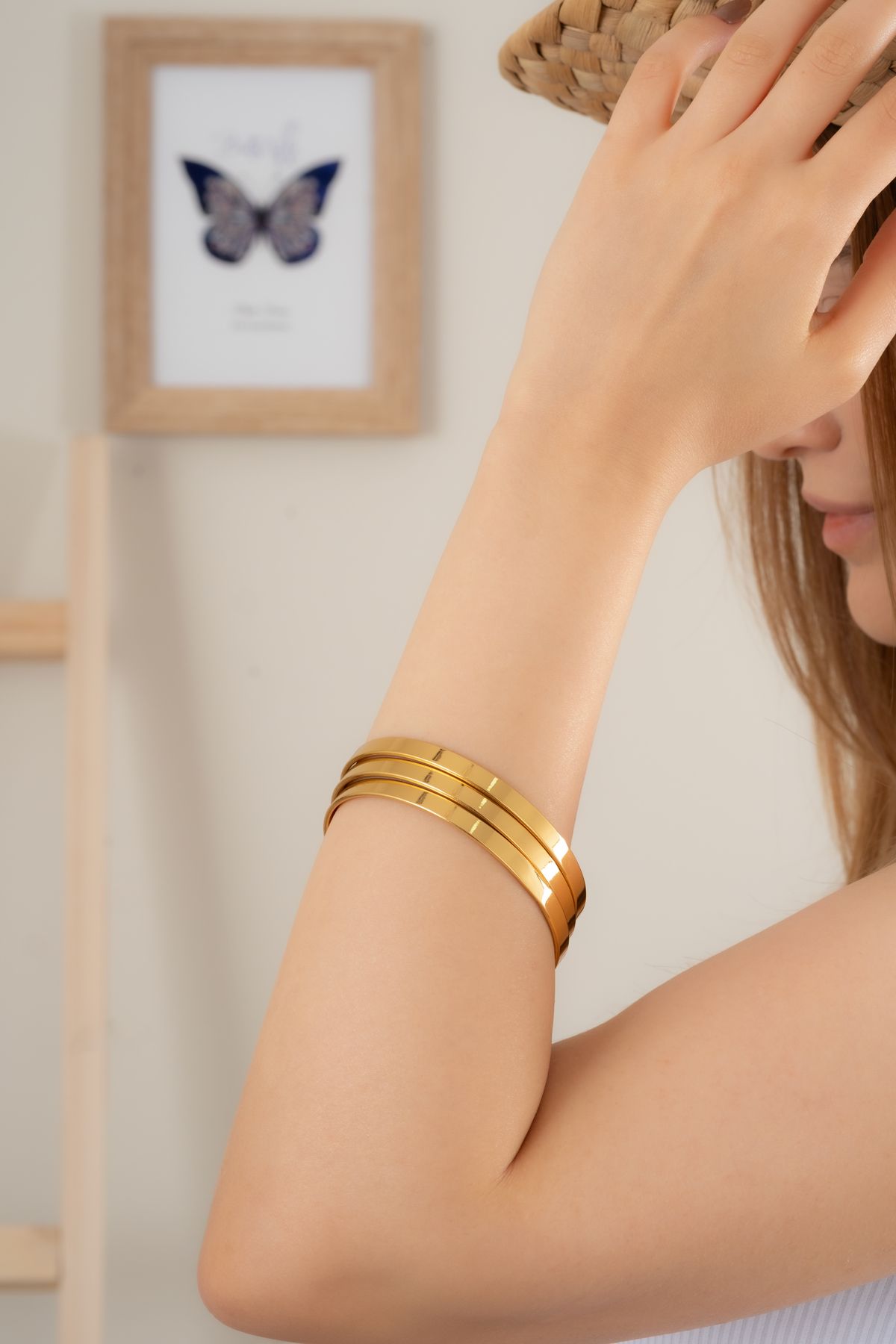 Finesa Jewelry Kadın Üçlü Parlak Yüzeyli Altın Sarısı Bileklik Set