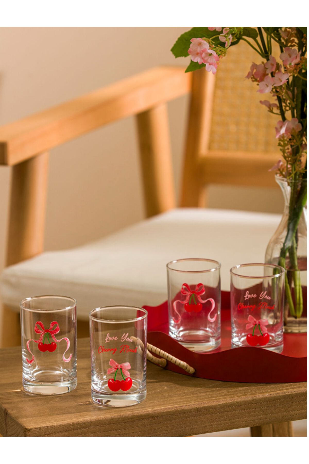LC Waikiki LCW HOME Karişik Kiraz Baskılı Cam Su Bardağı Seti 4'lü 125 ml