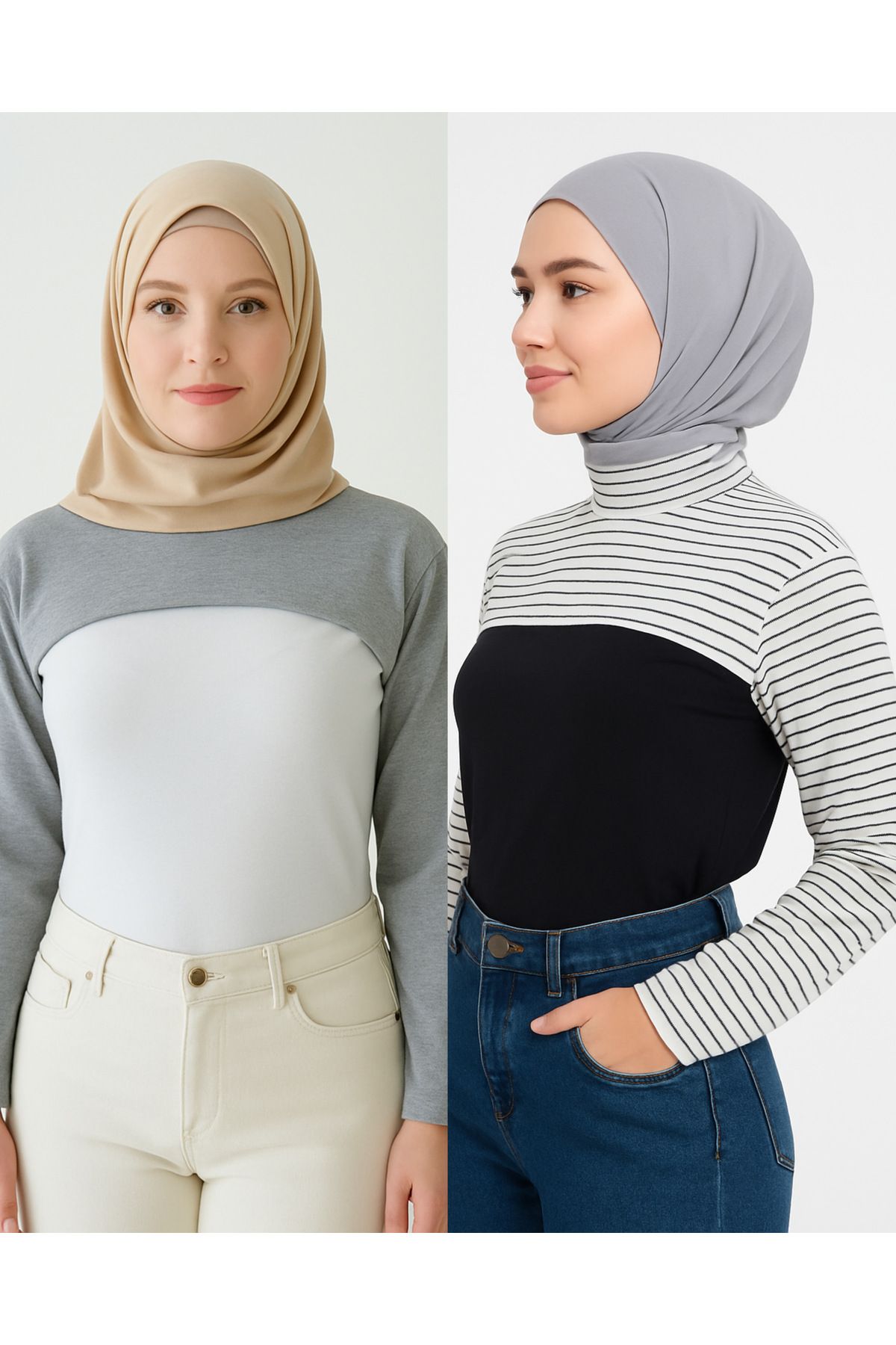 mirach 2’li Set Sade ve Çizgili Boyunluklu Kolluk Siyah Beyaz Body Uzunkollu Penye İçlik Kol