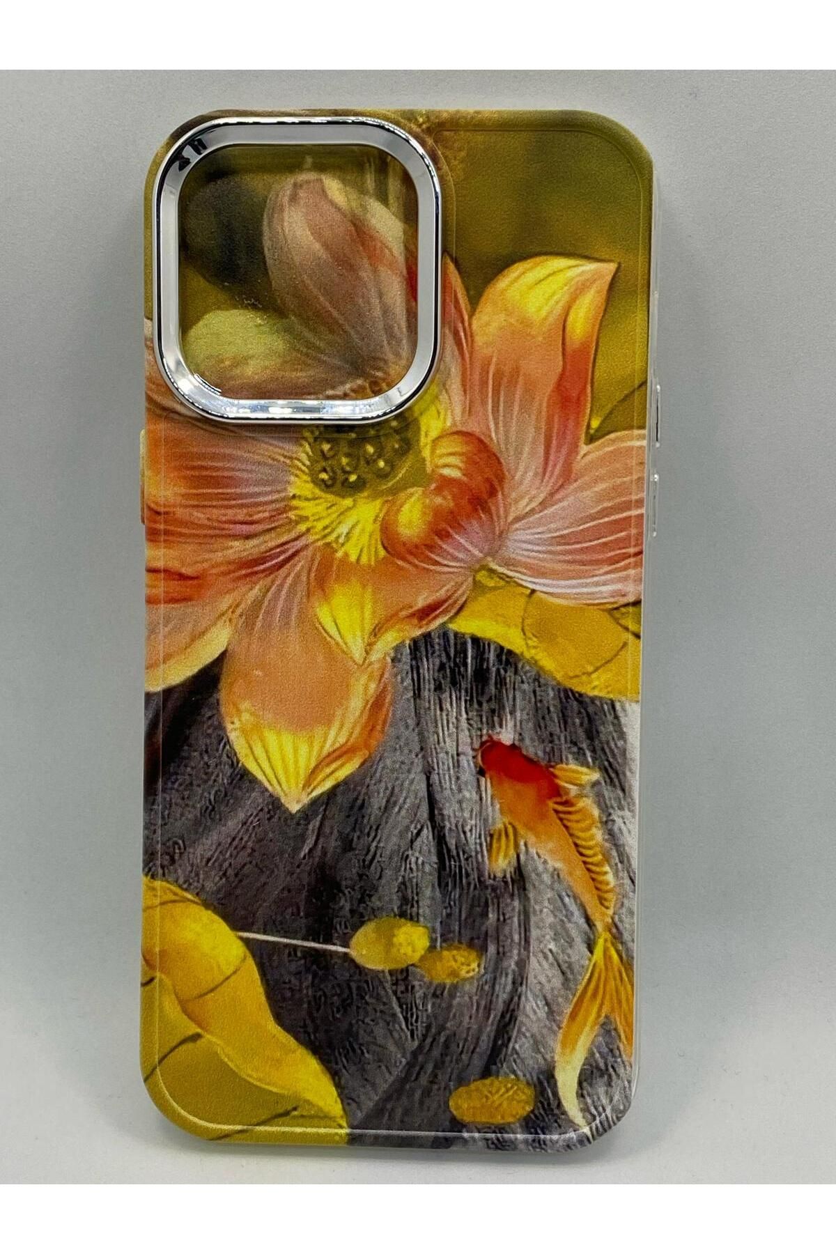 Turkuaz Iphone 11 Özel Yağlı Boya Çiçek Tasarımlı Lüks Silikon Kılıf