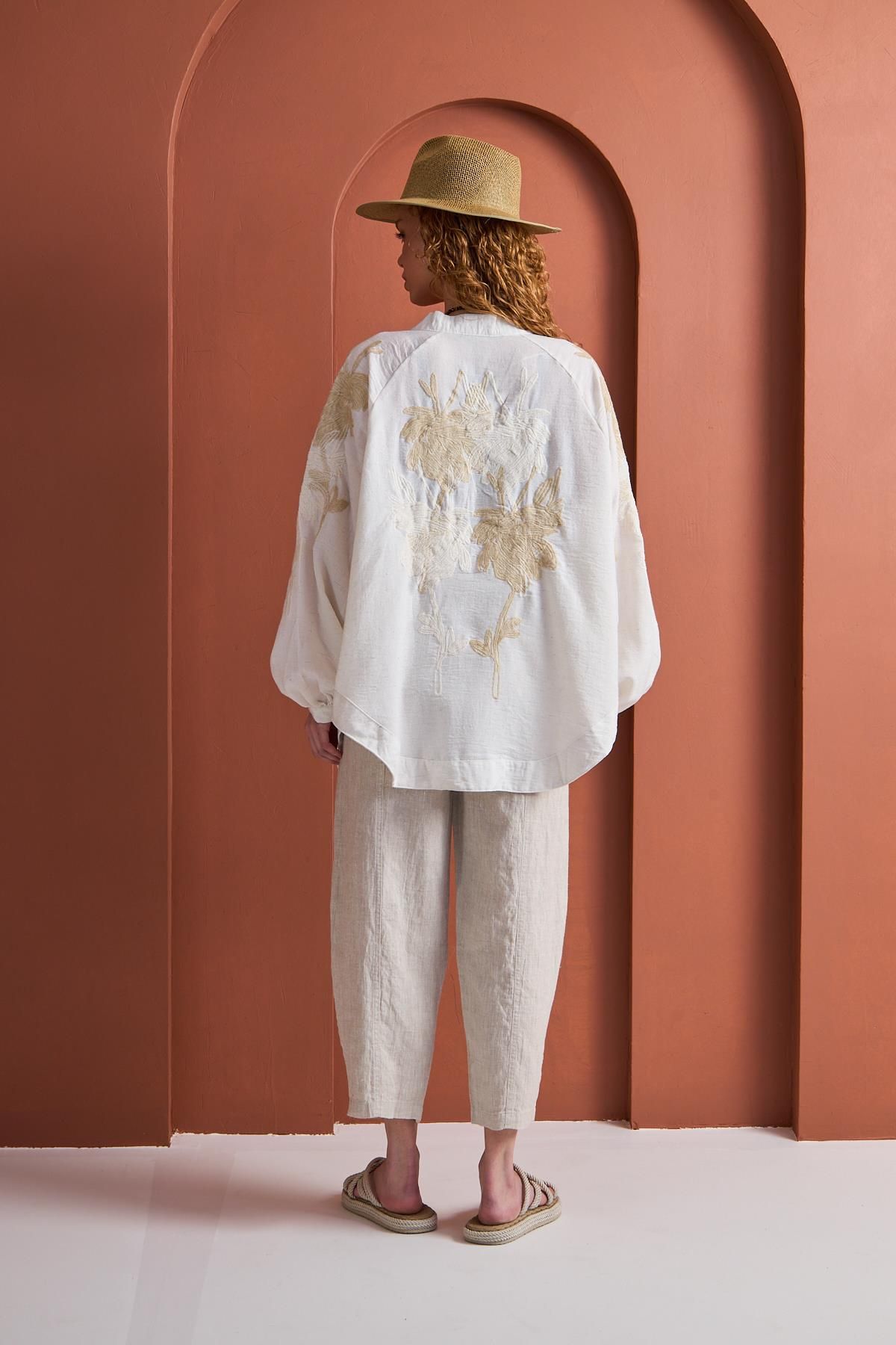MODA Keten Karışımlı Nakışlı Oversize Kimono