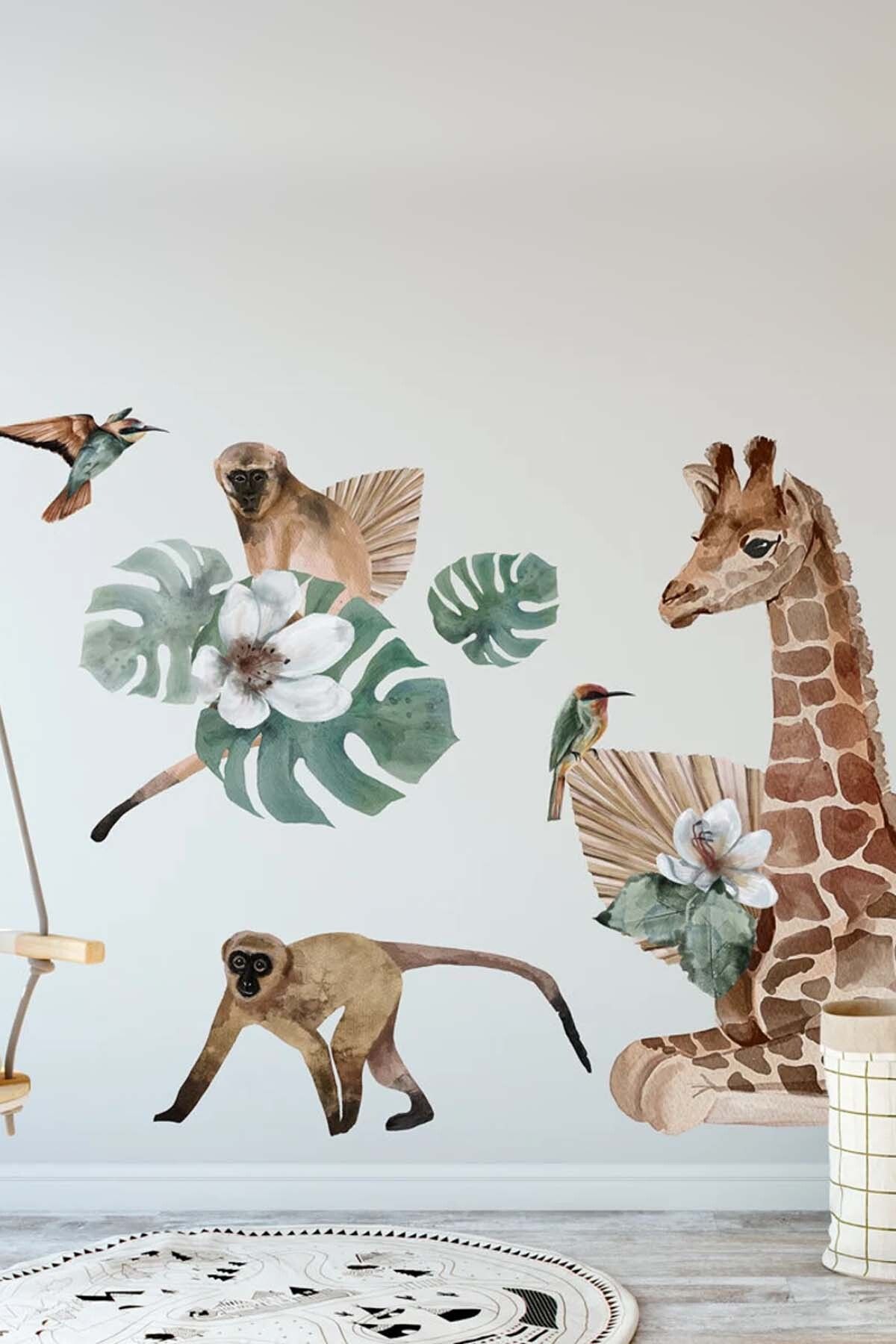 KT Decor Safari Dünyası Zürafa Maymunlar Kuşlar ve Yapraklar Duvar Sticker Seti
