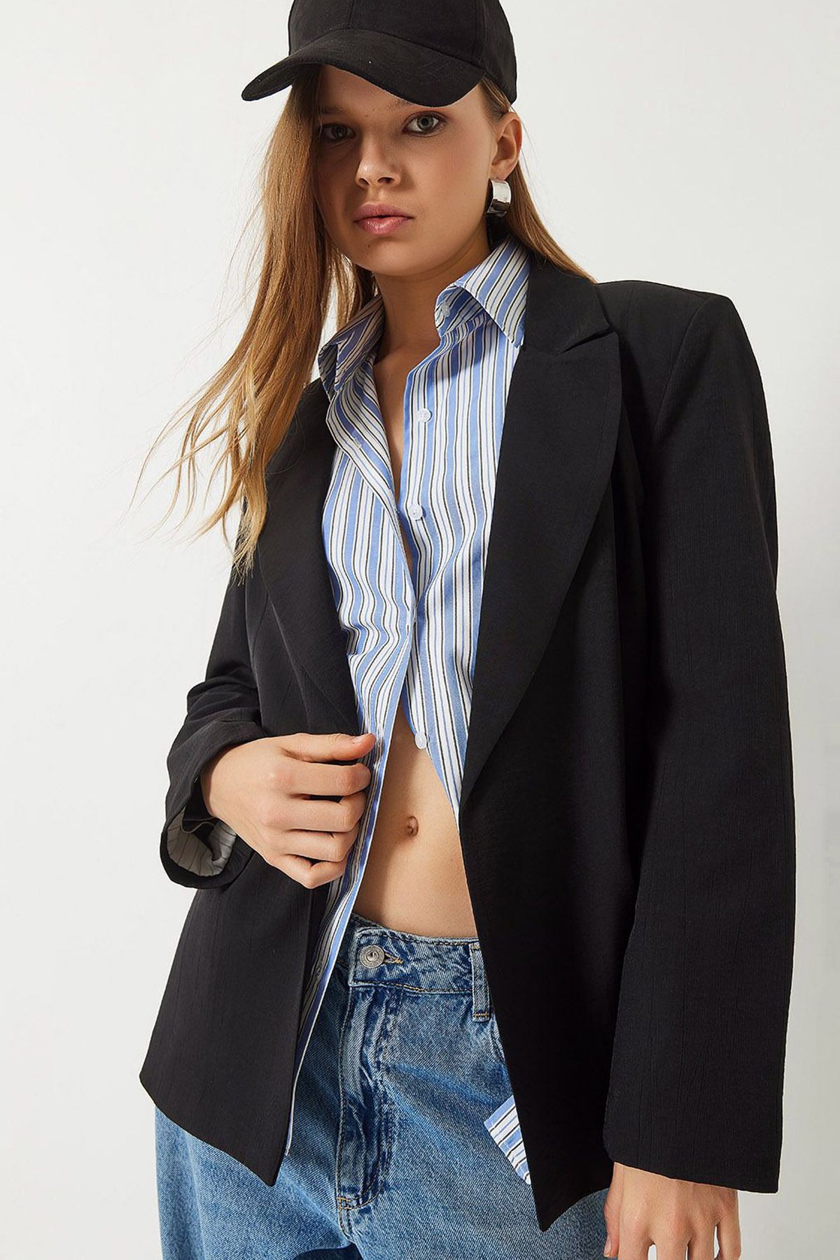 CoolLook Ceket Yakalı Kapamasız Çizgili Astarlı Rahat Kesim Uzun Kollu Vatkalı Günlük Blazer Ceket