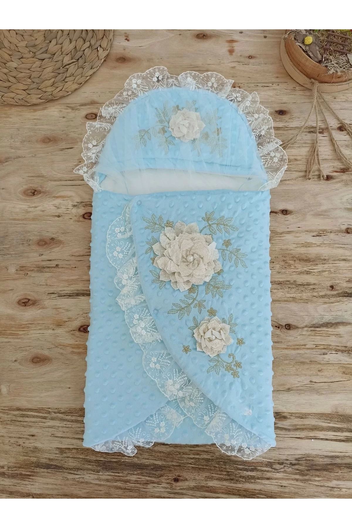 Moda Şahsenem Yenidoğan Topçikli Gül Bahçesi Tül Örtülü Kız Erkek Bebek Klasik Kundak Bebek Battaniyesi Mavi