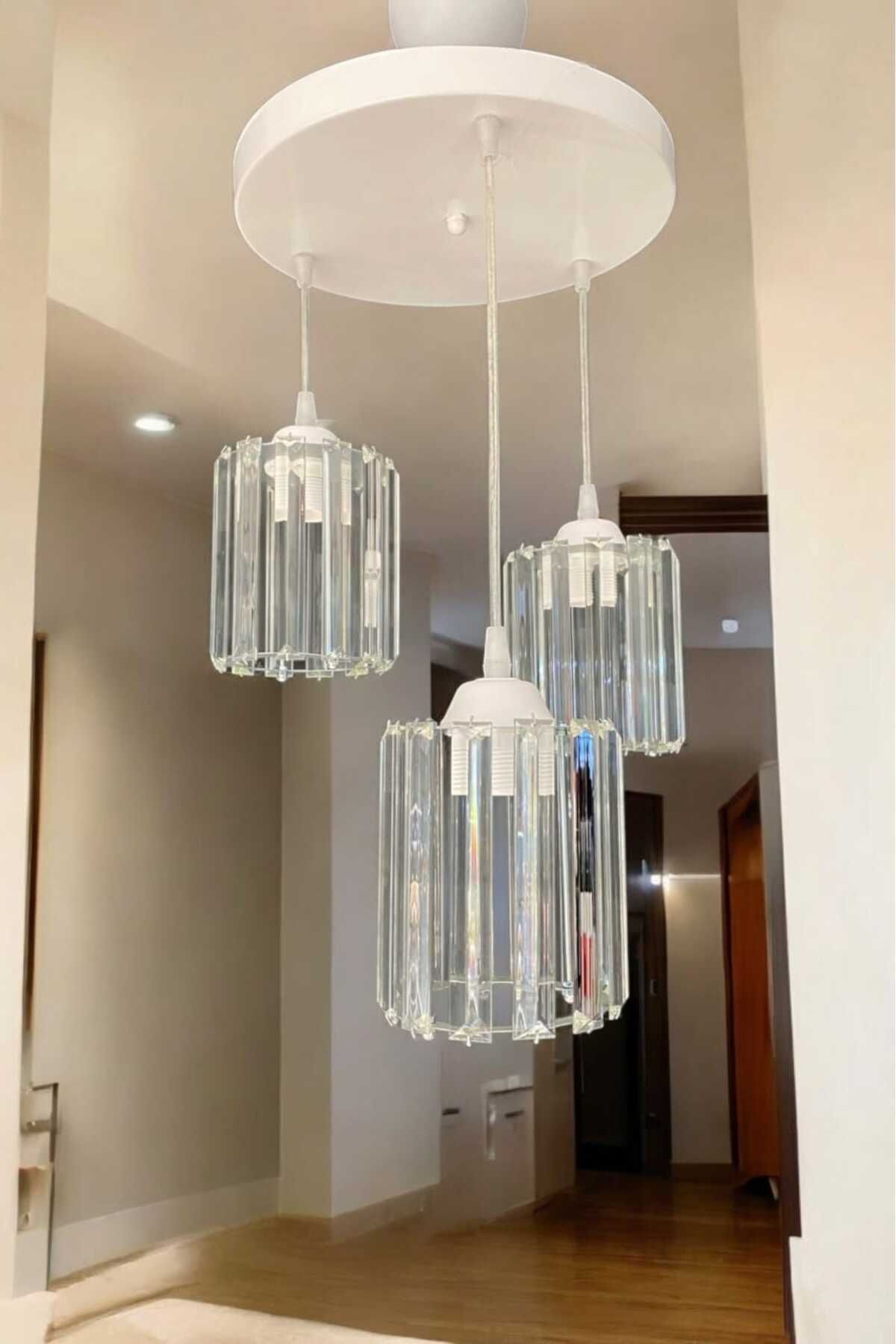 ayışığı Metal Kristal Taşlı Dekoratif Salon Mutfak Yatak Odası Hol Antre Üçlü Sarkıt Avize