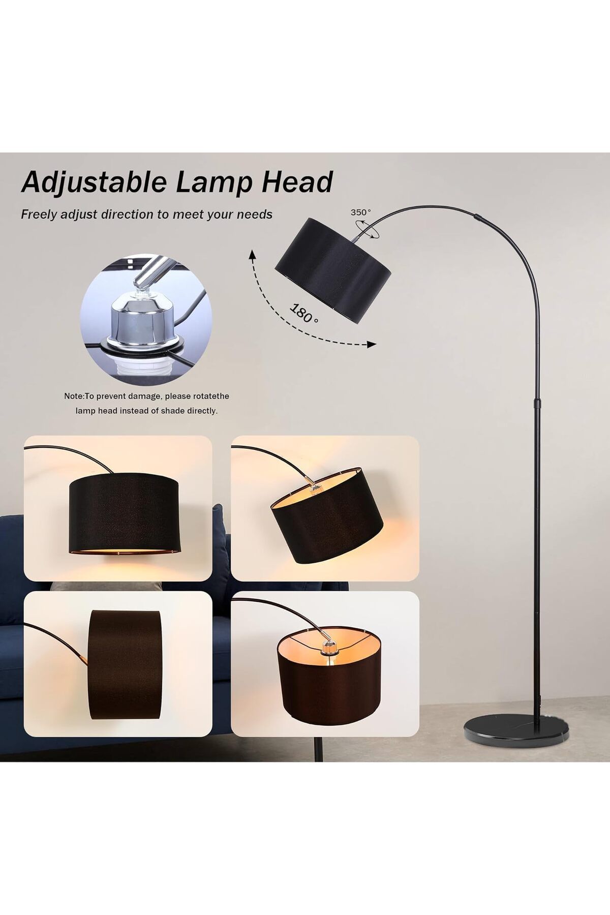 1st-Adjustable Height Arched Floor Lamp with Fabric Shade 6