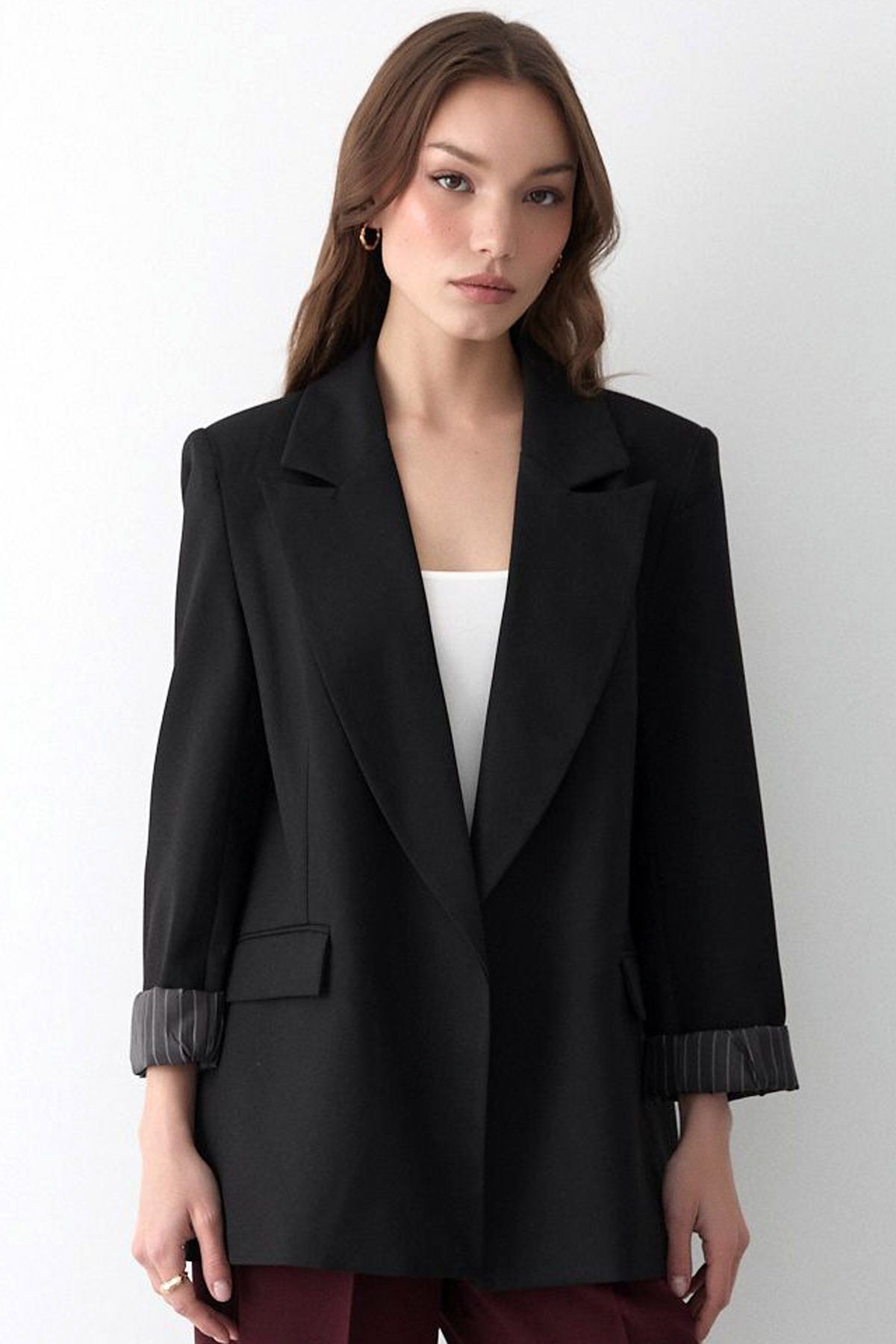 CoolLook Ceket Yakalı Uzun Kollu Kapamasız Çizgili Astarlı Rahat Kesim Uzun Kollu Vatkalı Günlük Blazer Ceket