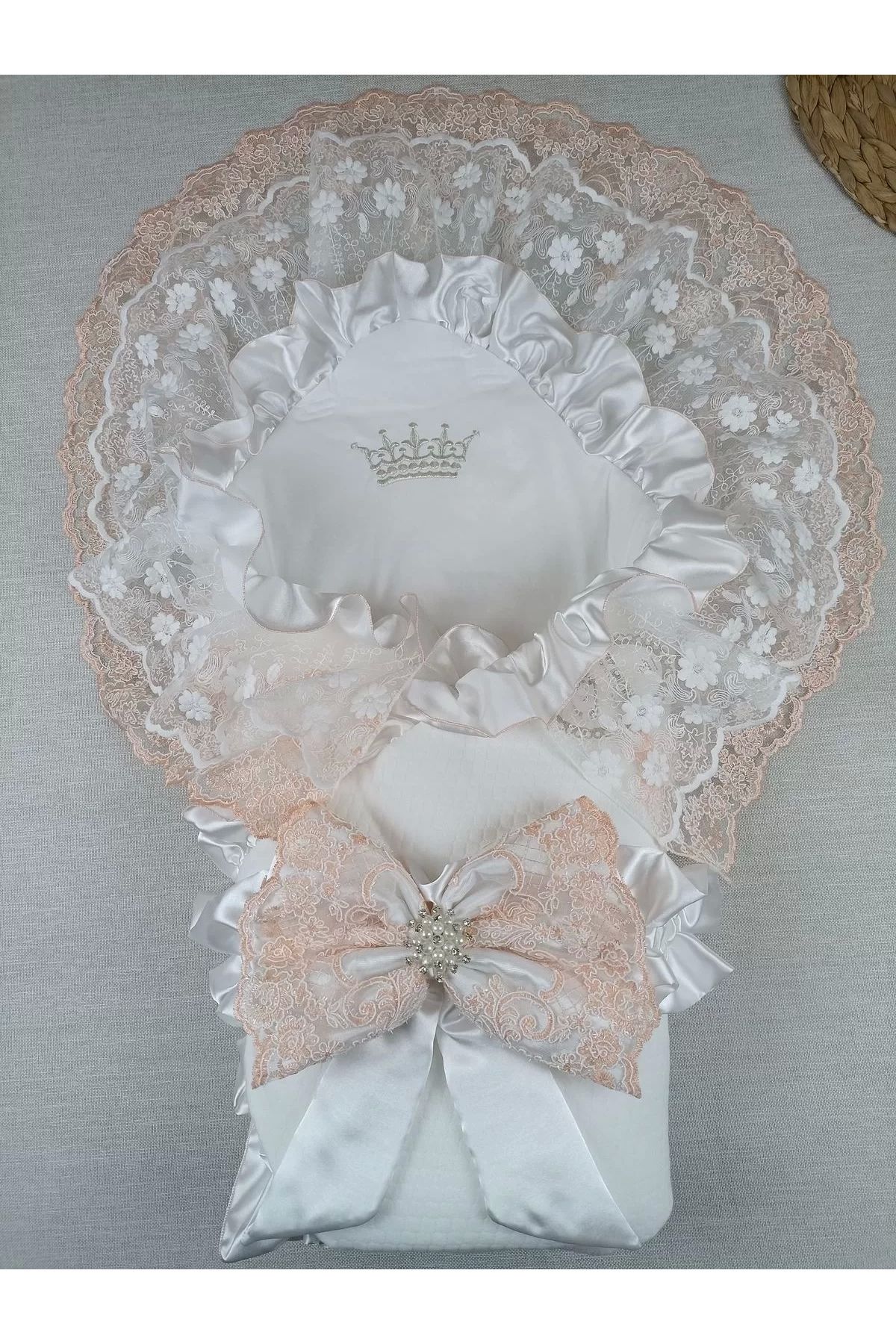 Moda Şahsenem Yenidoğan Bal Peteği Taç Nakışlı Lüks Kundak Bebek Battaniyesi Ekru
