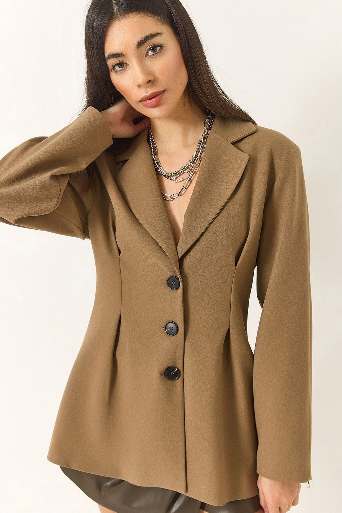CoolLook Bel Otutmalı Çentikli Ceket Yaka Uzun Kollu Düğme Kapama Astarlı Vatkalı Esnek Günlük Blazer Ceket