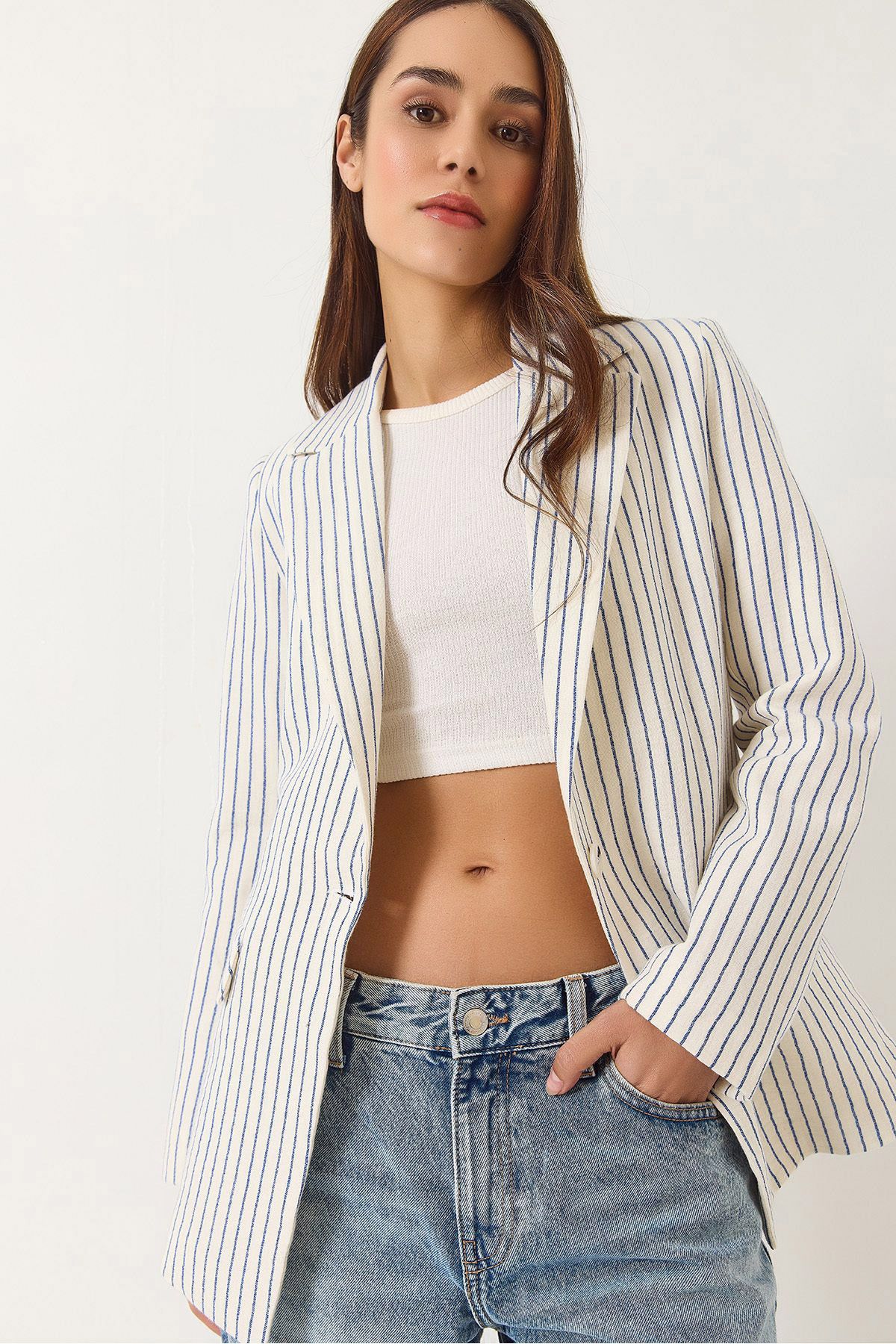 CoolLook Ceket Yaka Uzun Kollu Düğme Kapama Çizgili Astarlı Rahat Kesim Vatkalı Günlük Blazer Ceket