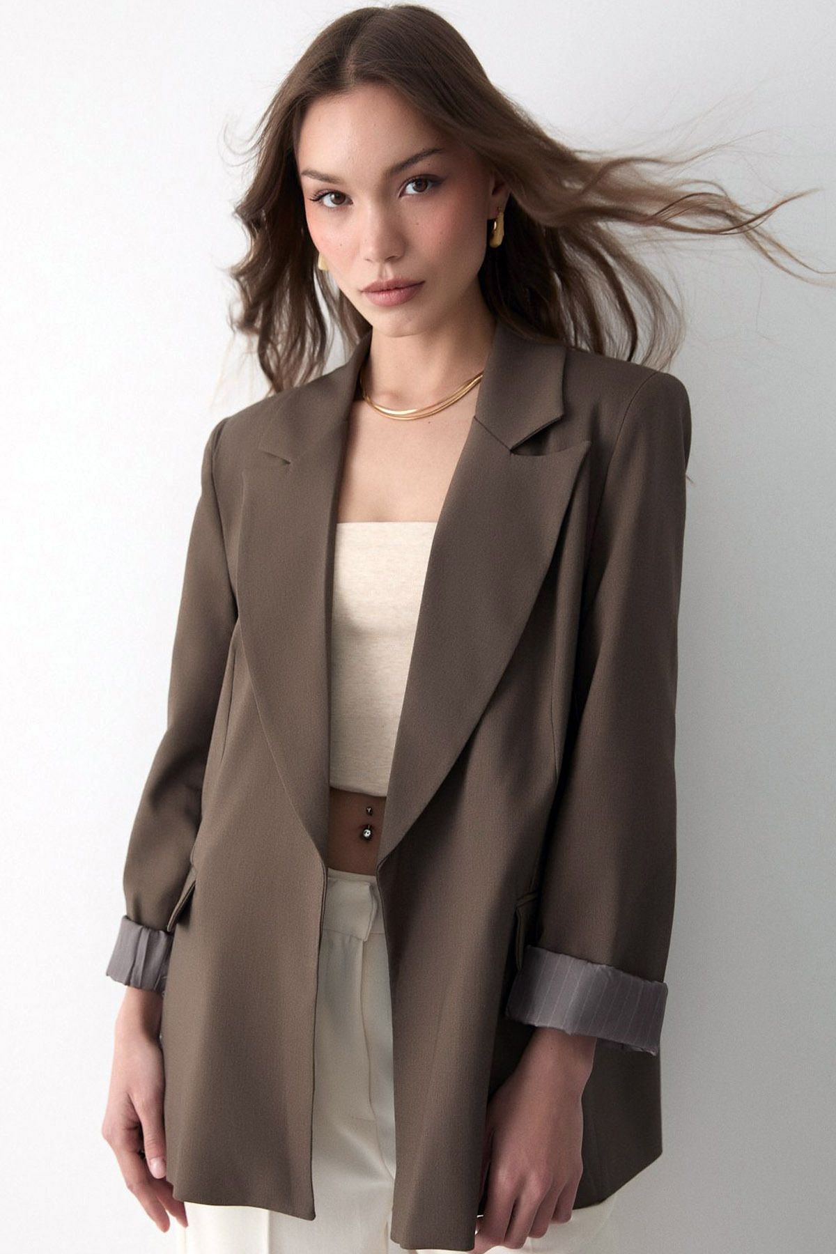 CoolLook Ceket Yakalı Uzun Kollu Kapamasız Çizgili Astarlı Rahat Kesim Uzun Kollu Vatkalı Günlük Blazer Ceket