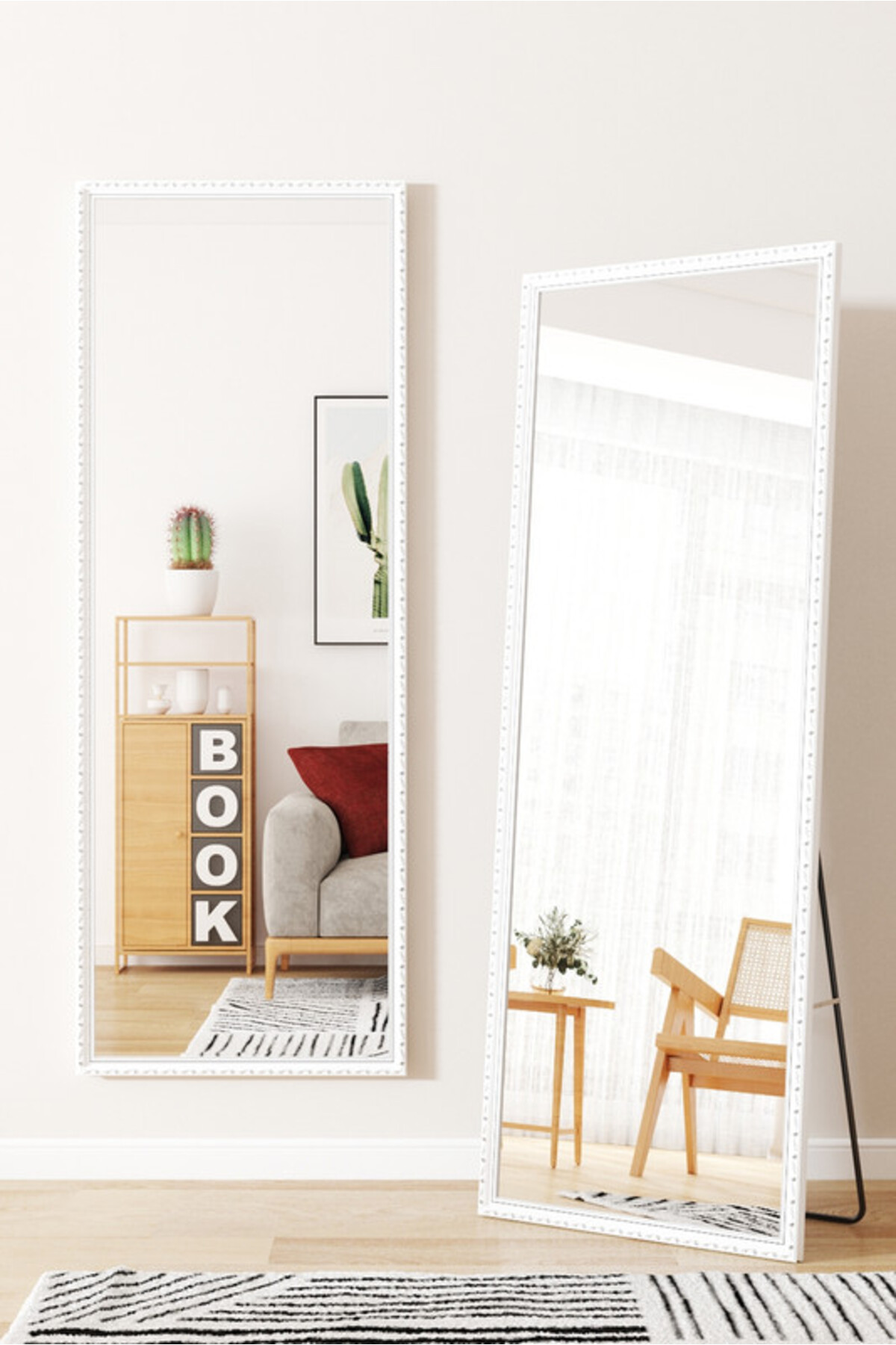 مرآة أرضية معدنية كاملة الطول بتصميم خشبي 160 × 50 سم، لون أبيض/فضي